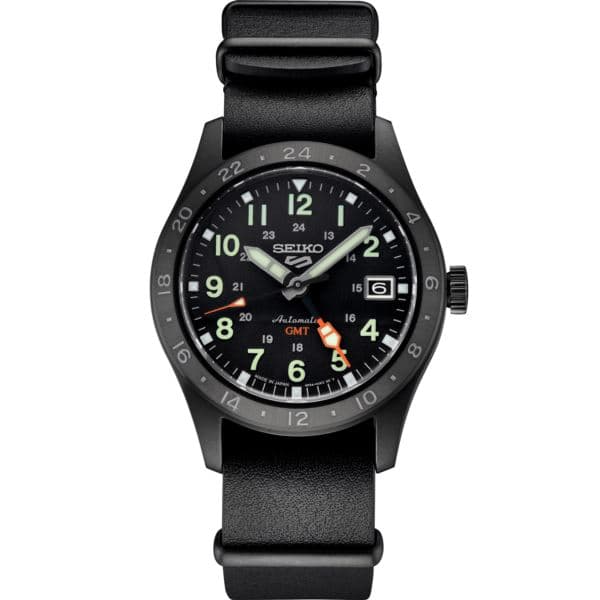 Seiko 5 Sports SS Blk Hrd Ct Automatic GMT Black Dial, Field Style, Black Leather Nato strap