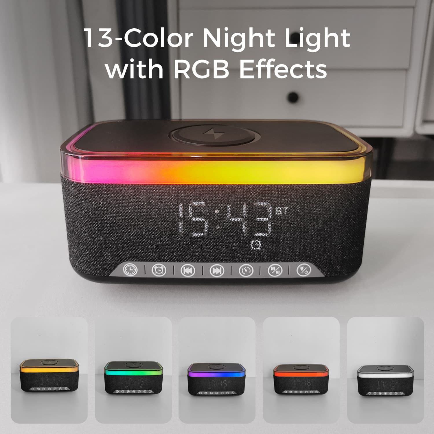 Bluetooth Speaker Alarm Clock w/ 15W Fast Wireless Charging, 13 Night Light modes, Rechargeable Battery, 10W Stereo Speaker, 12/24H Digital Clock, Sleep Timer, White Noise Mode, US