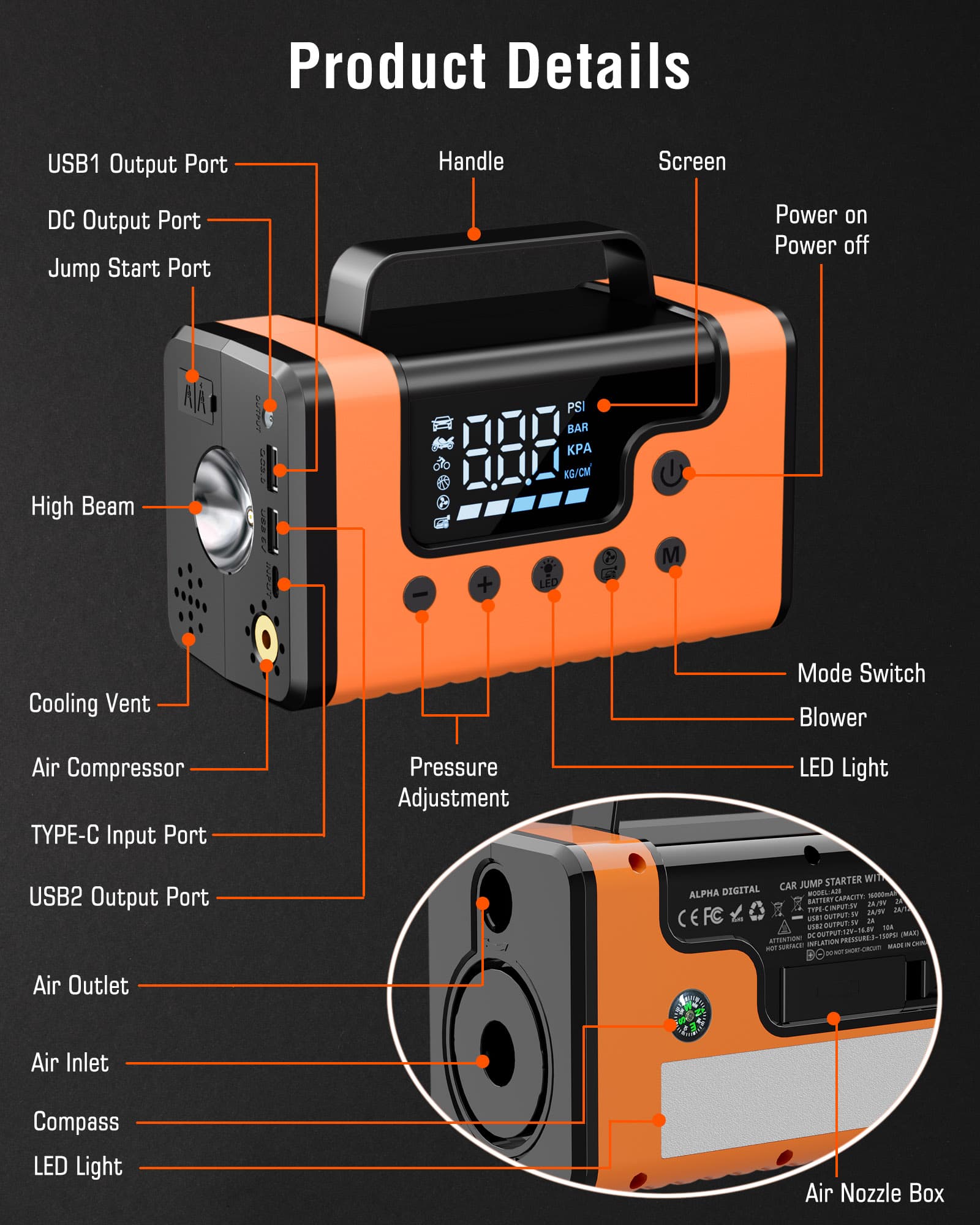 Vehicle Jump Starter w/Air Compressor, Vacuum Cleaner, Blower, Power Bank, Flashlight/SOS/Strobe, more!