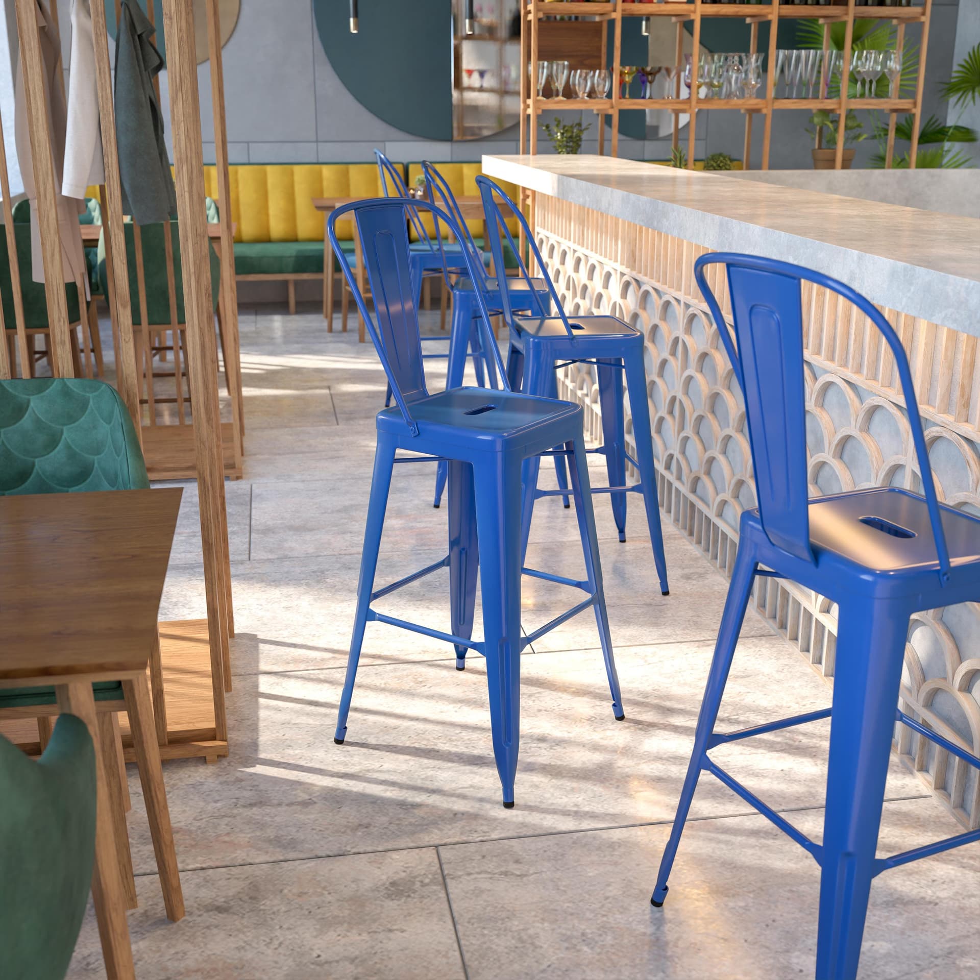 30" High Blue Metal Indoor-Outdoor Barstool with Back