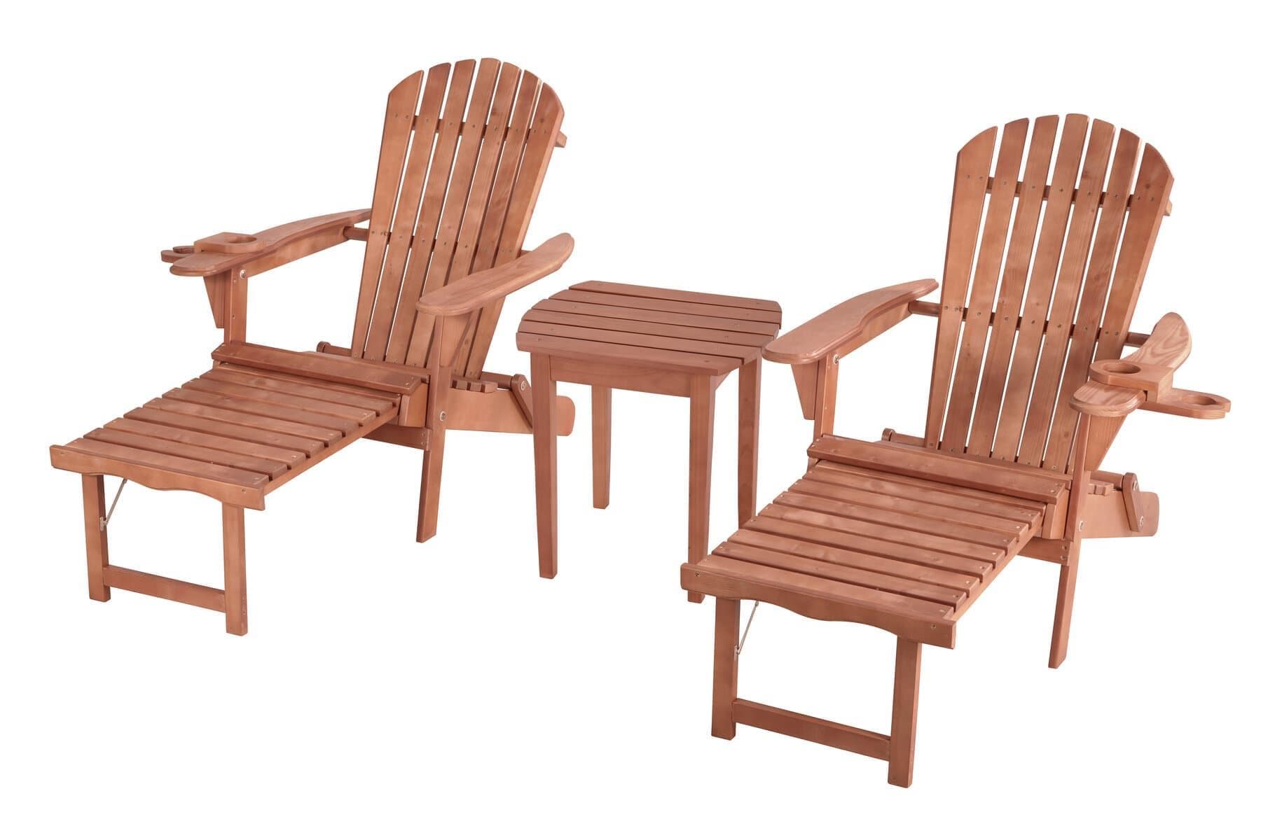 Oceanic Adirondack Chaise Lounge w/Ottoman & Beverage Holder, Set of 2 & End Table - Walnut