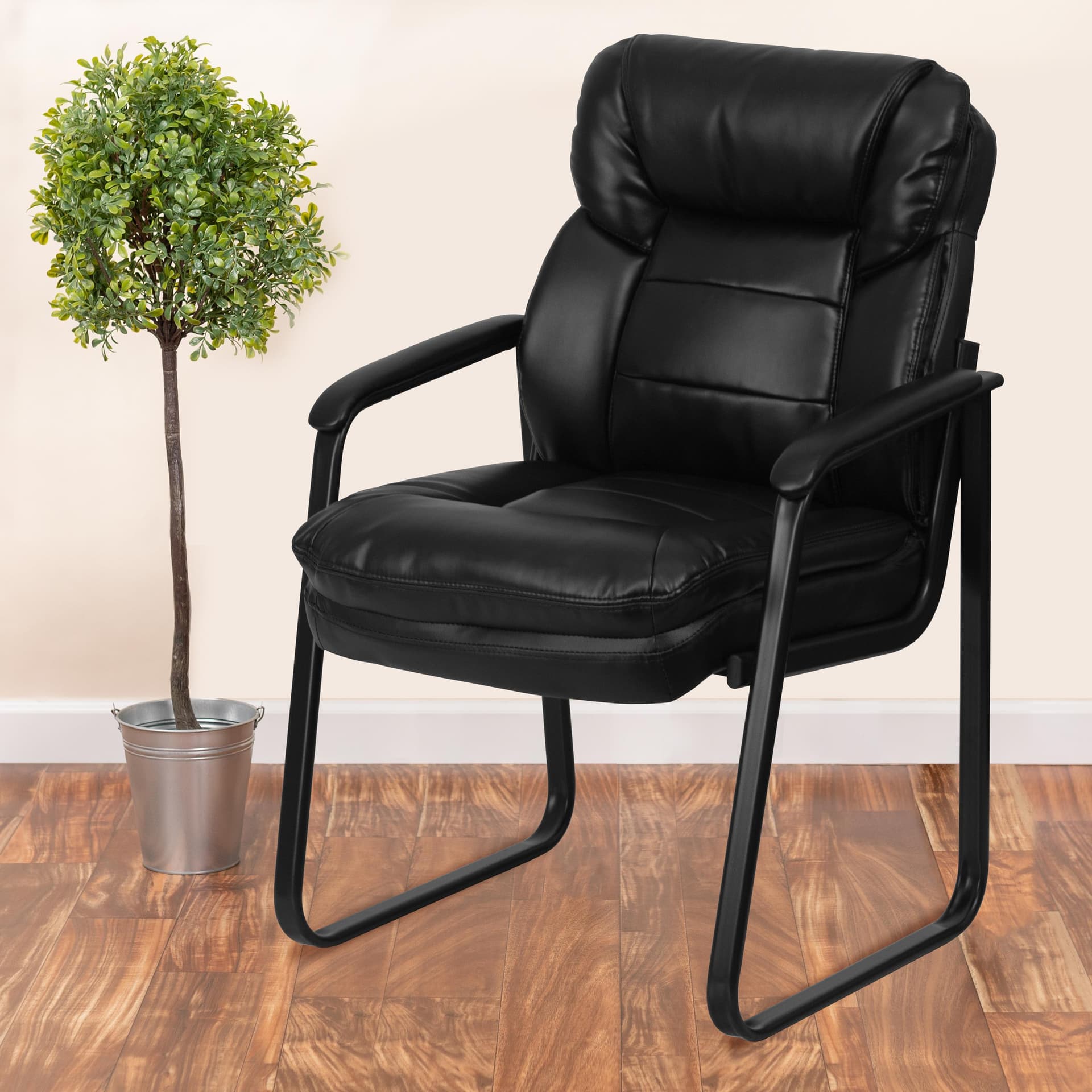 Black LeatherSoft Executive Side Reception Chair w/Lumbar Support &Sled Base