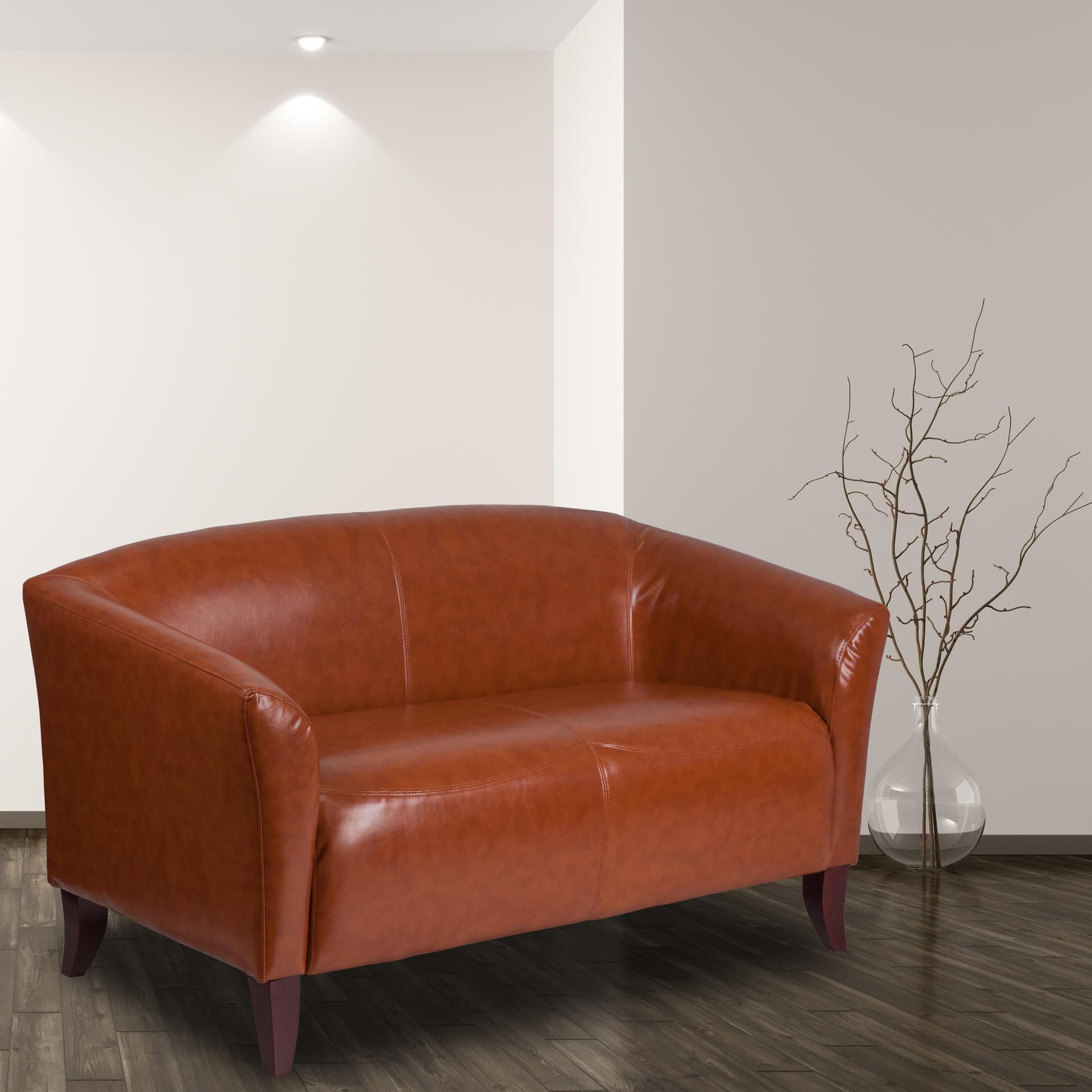 Cognac LeatherSoft Loveseat w/ Cherry Wood Feet