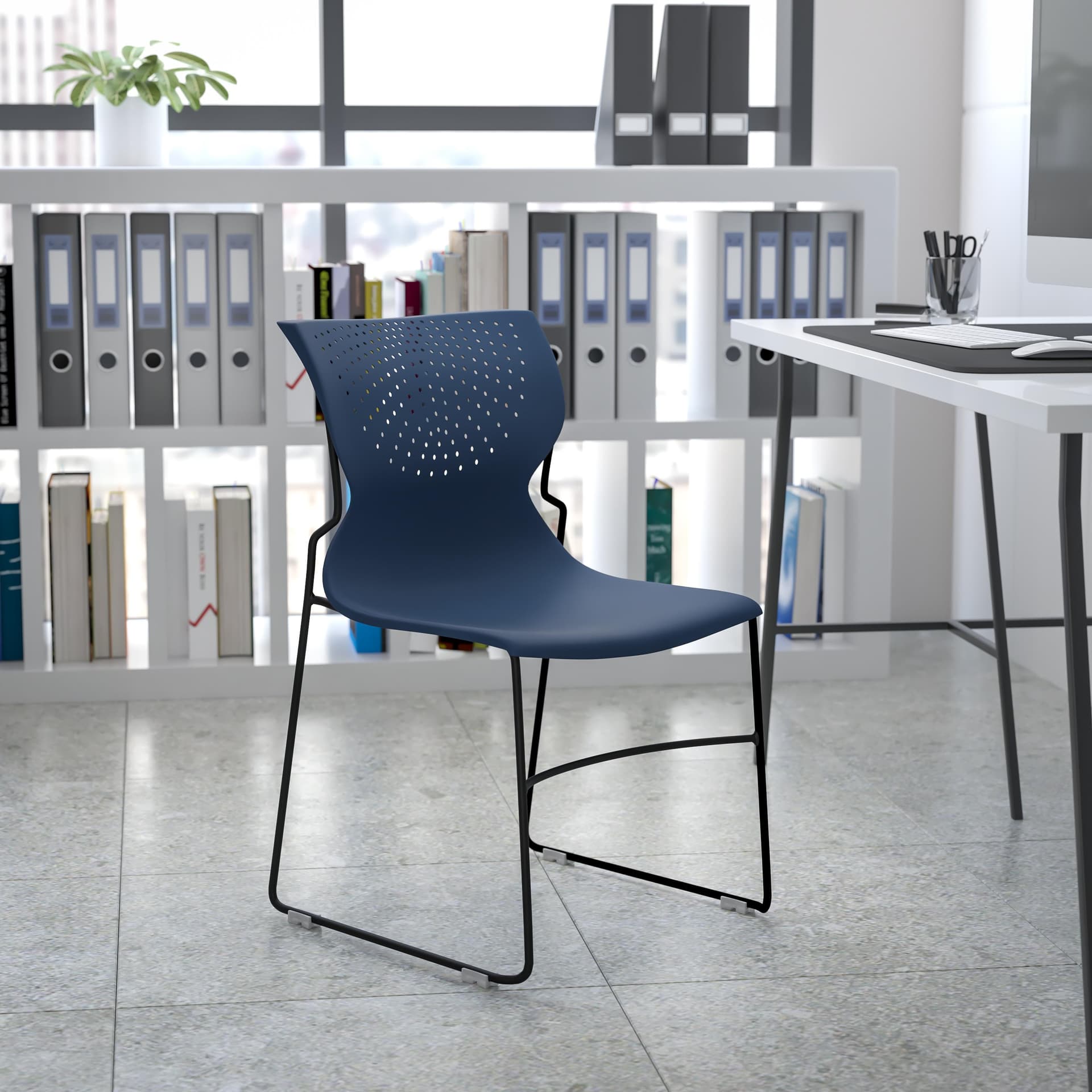 Home and Office Navy Full Back Stack Chair with Gray Frame