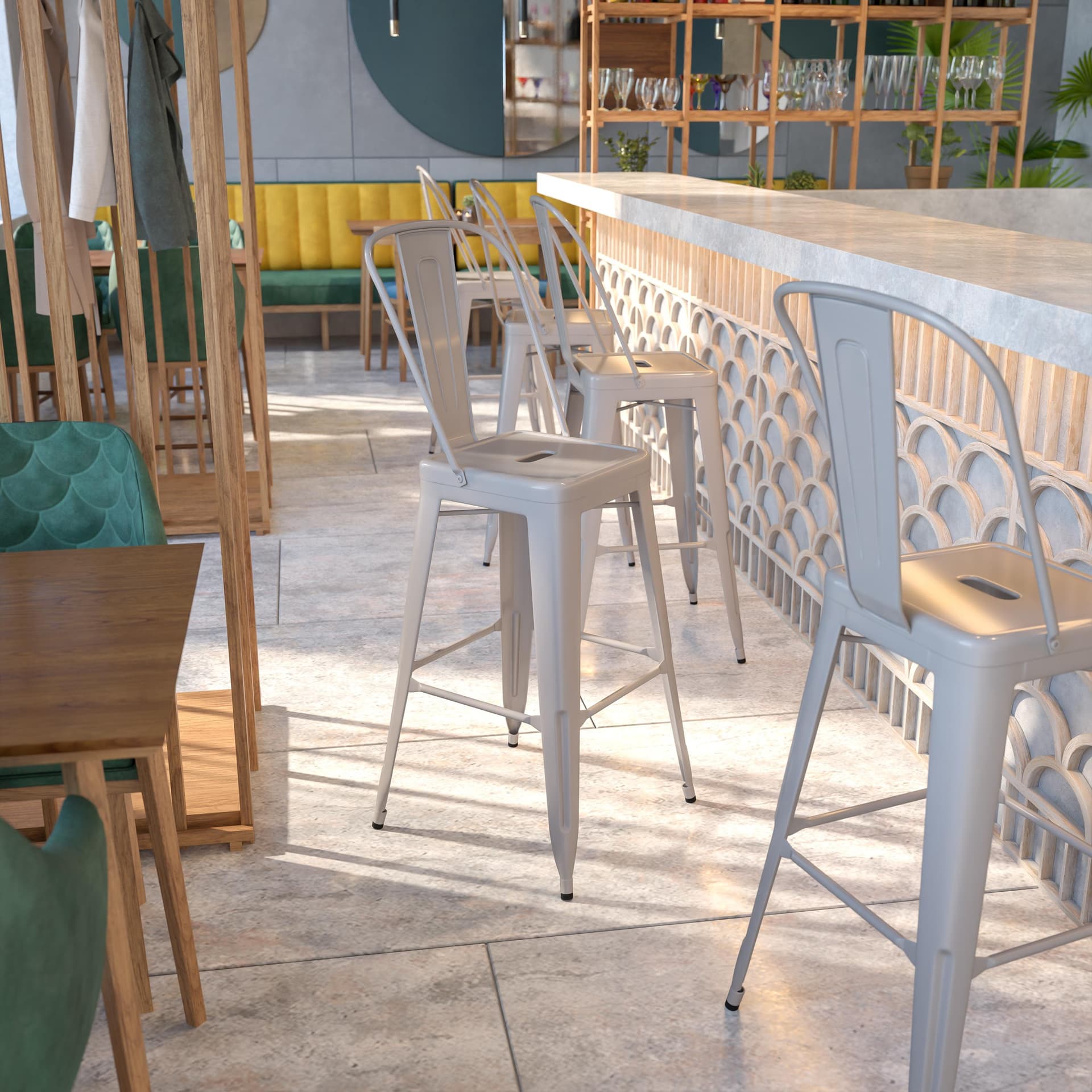 30" High Silver Metal Indoor-Outdoor Barstool with Back