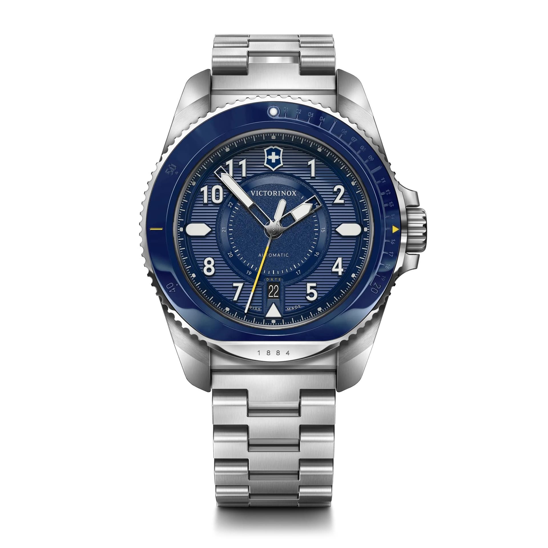 Journey 1884 Auto 43mm, silver stainless steel case, blue bezel, blue dial, stainless steel bracelet