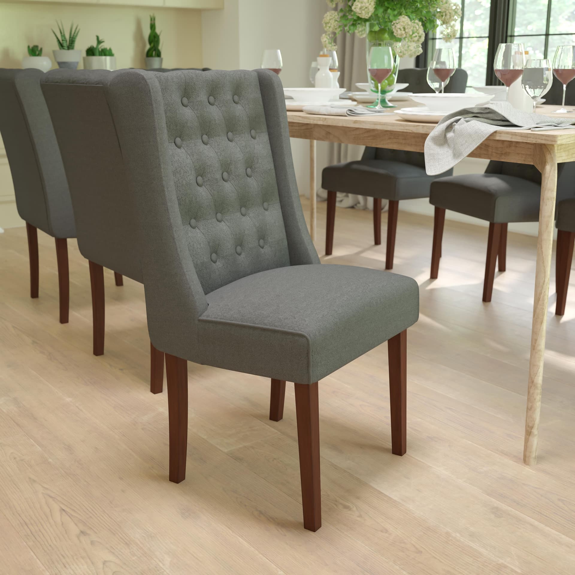 Gray Fabric Upholstered Button Tufted Parsons Chair with Side Panel Detail
