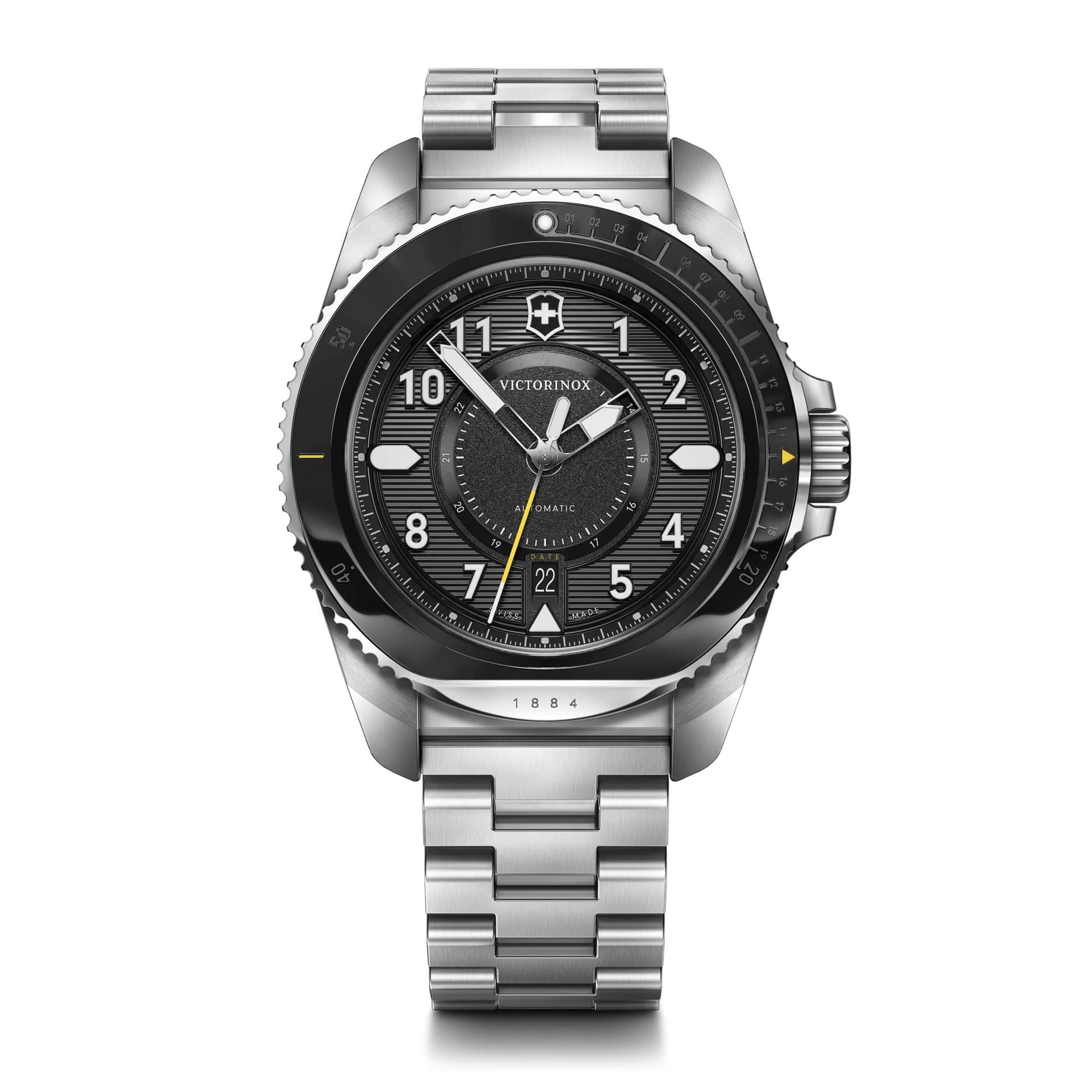 Journey 1884 Auto 43mm, silver stainless steel case, black bezel and dial - stainless steel bracelet