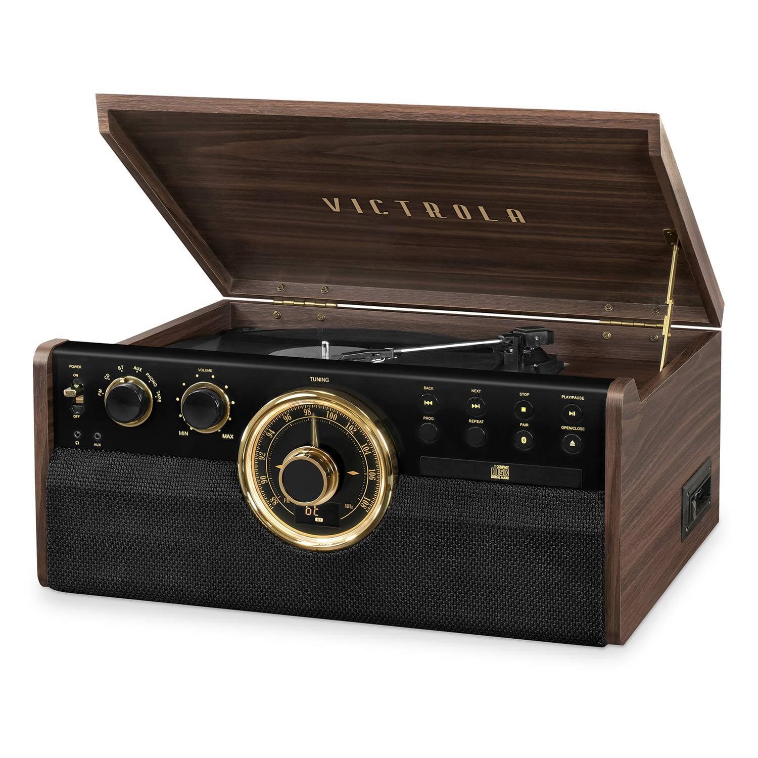 Victrola 6-in-1 Wood Bluetooth Record Player with 3-Speed Turntable, CD, Cassette Player -Espresso