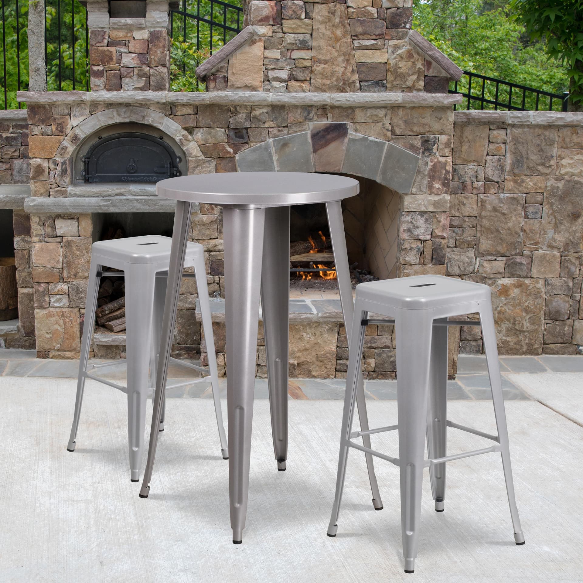 24" Round Silver Metal Indoor-Outdoor Bar Table Set with 2 Backless Stools