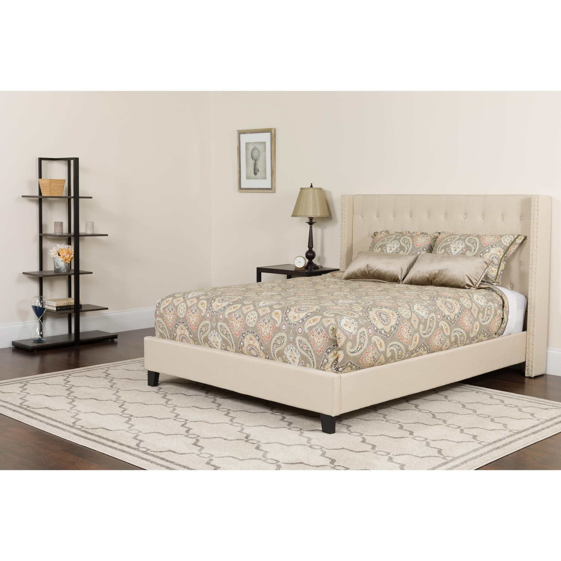 King Size Tufted Beige Fabric Platform Bed w/ Accent Nail Trimmed Extended Sides