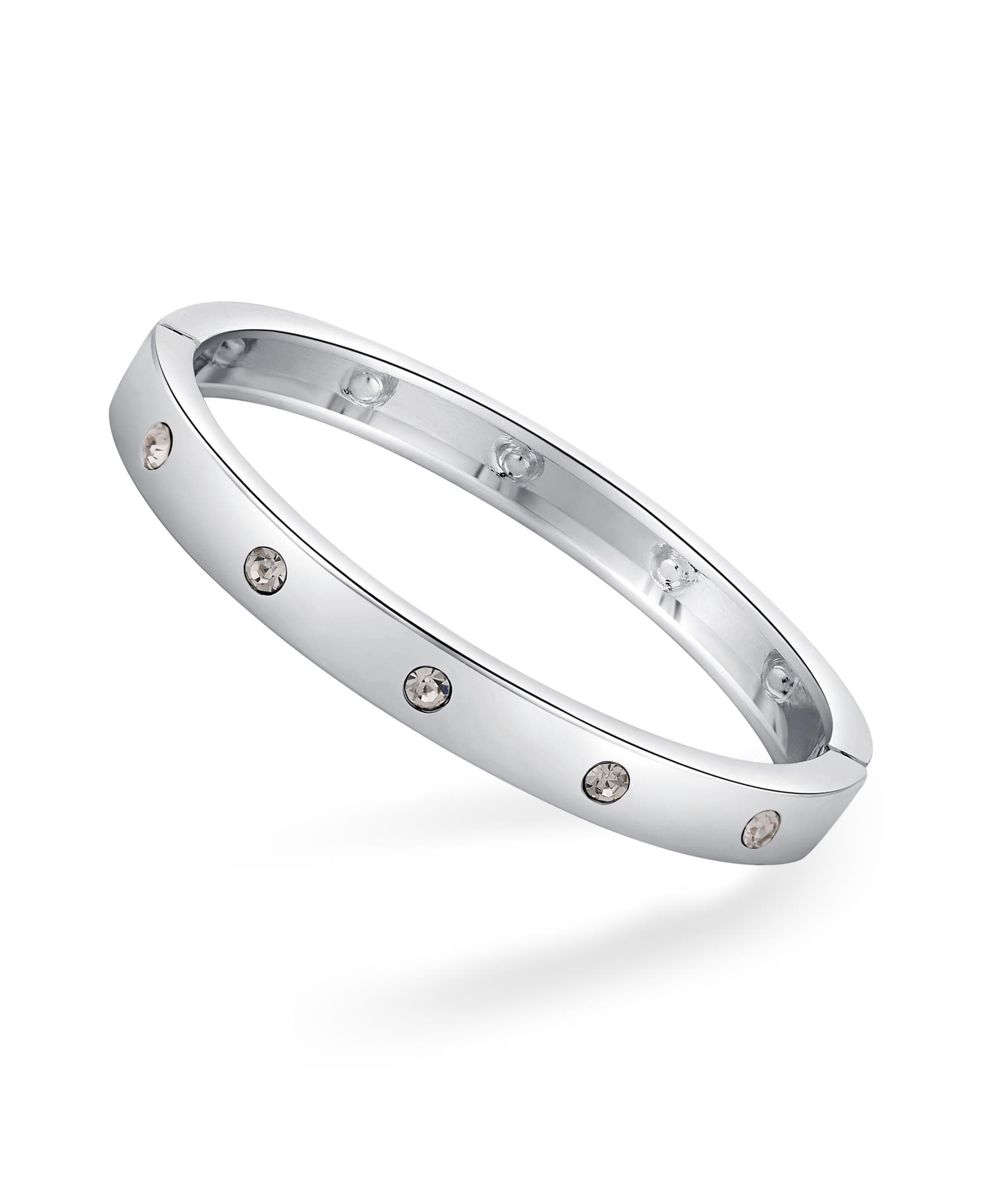 Bangle Hing Bracelet with Clear Stones- Silver Tone