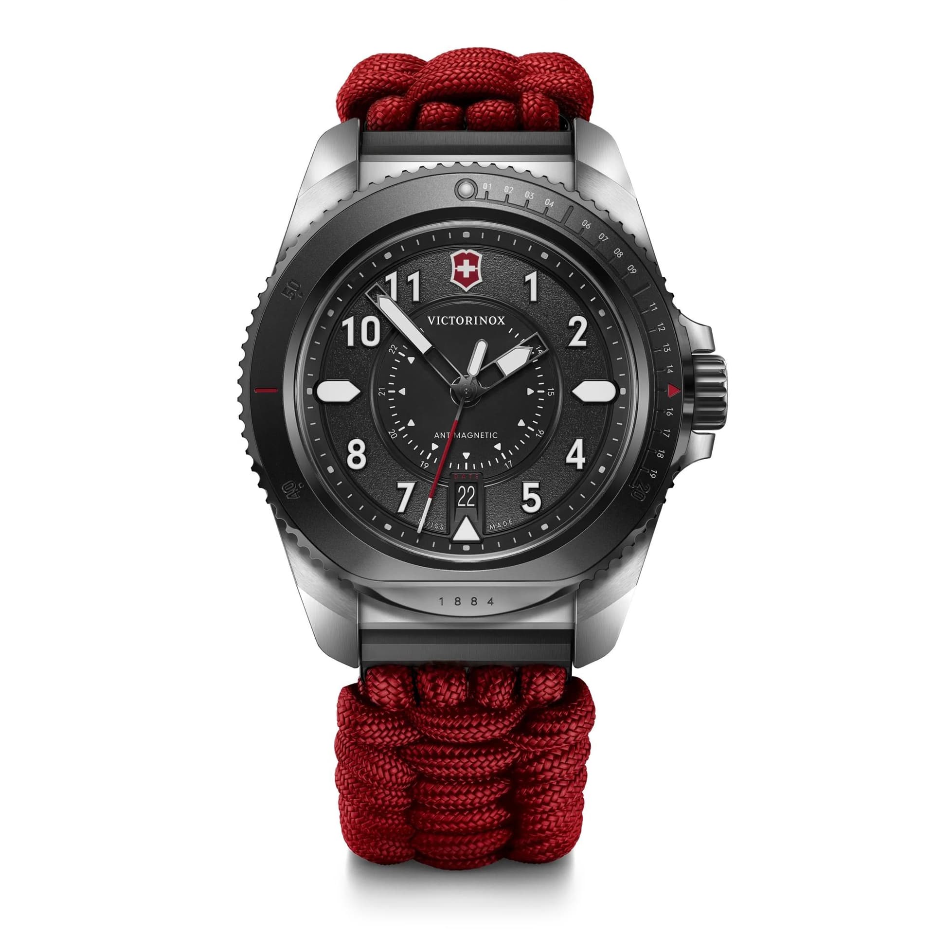 Journey 1884 LE 43mm, silver stainless steel case, black bezel and black dial, red paracord strap