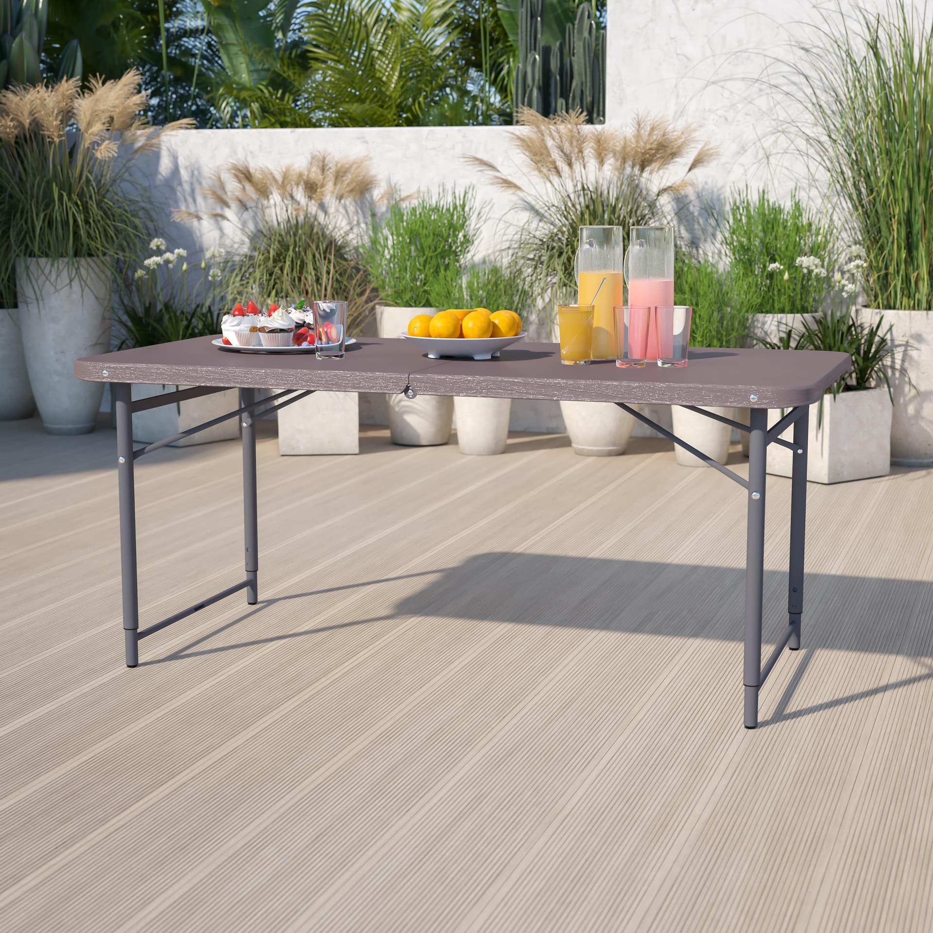 4-Foot Height Adjustable Bi-Fold Brown Plastic Folding Table with Handle