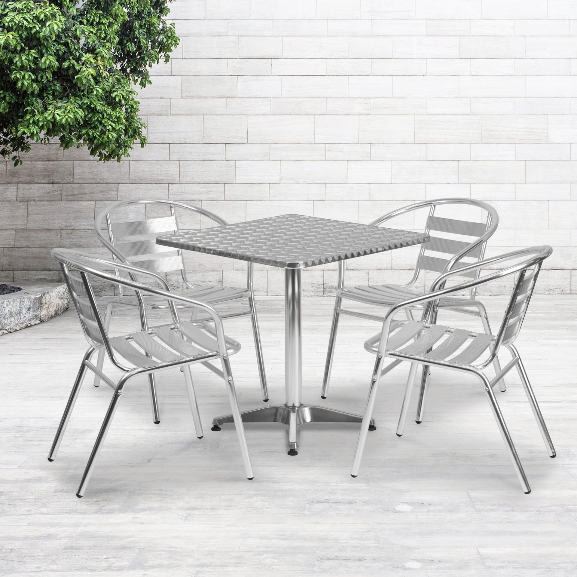27.5" Square Aluminum Indoor-Outdoor Table Set with 4 Slat Back Chairs