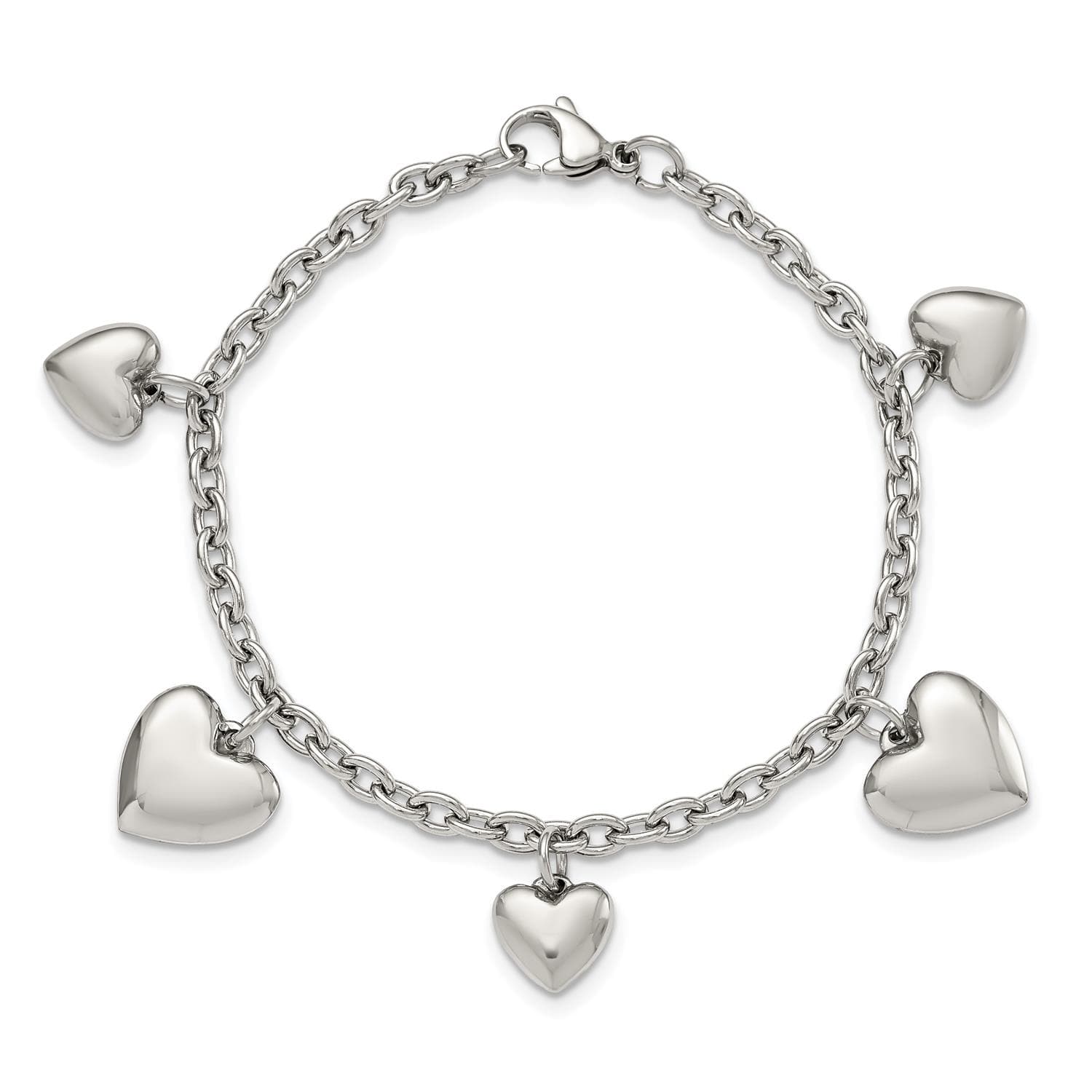 Stainless Steel Polished Hearts 8" Bracelet