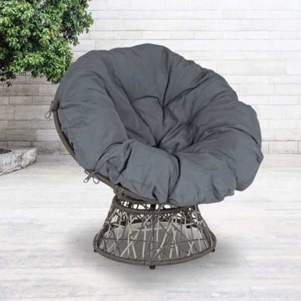 Black Swivel Patio Papasan Lounge Chair with Black Cushion - Accent Chair