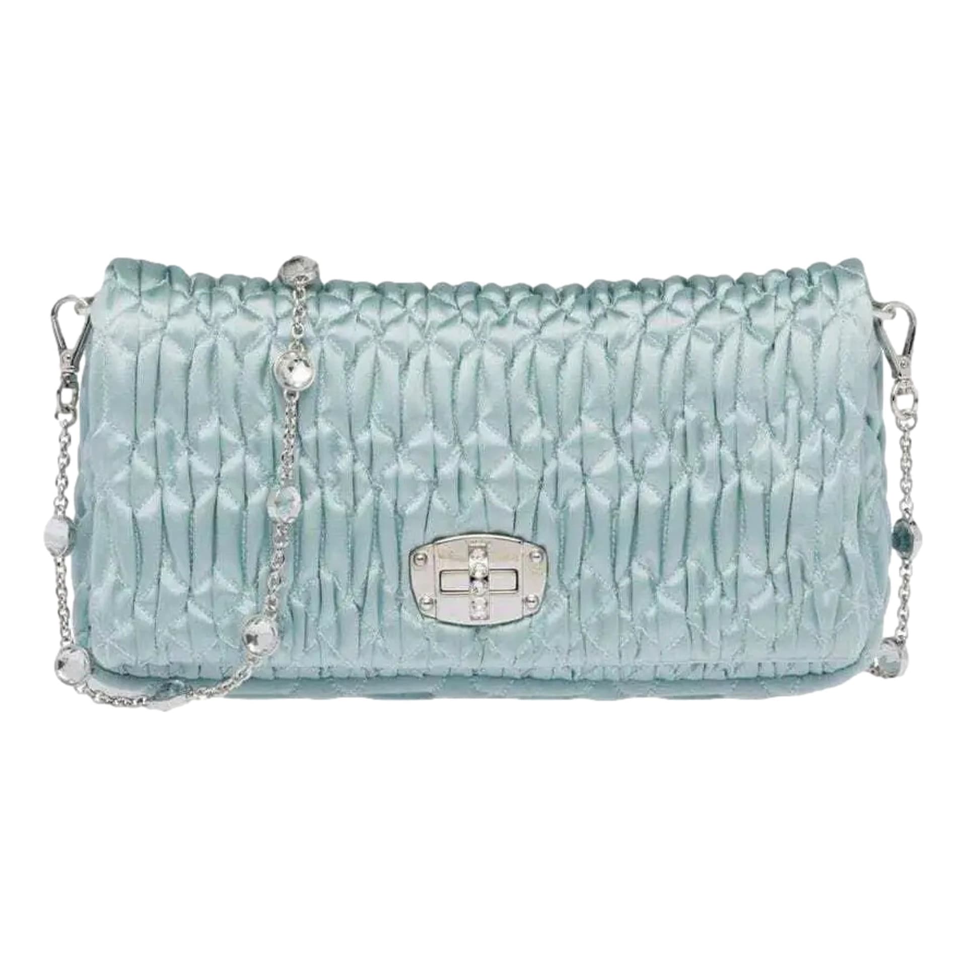 Miu Miu Satin Quilted Crystal Embellished Chain Crossbody Light Blue