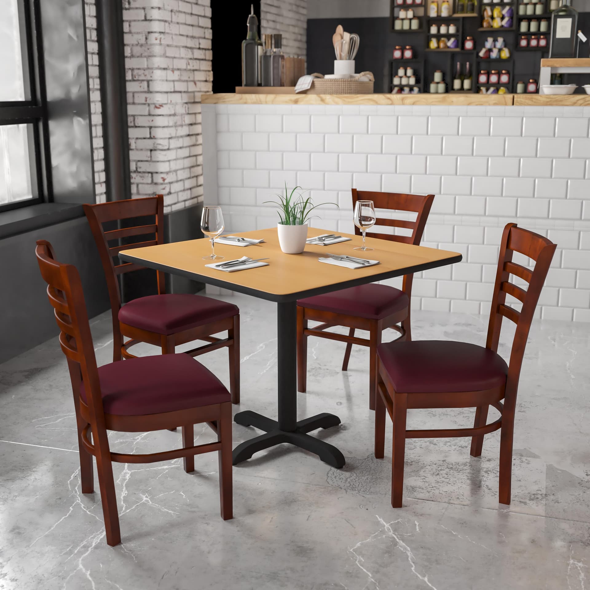 Ladder Back Mahogany Wood Restaurant Chair - Burgundy Vinyl Seat