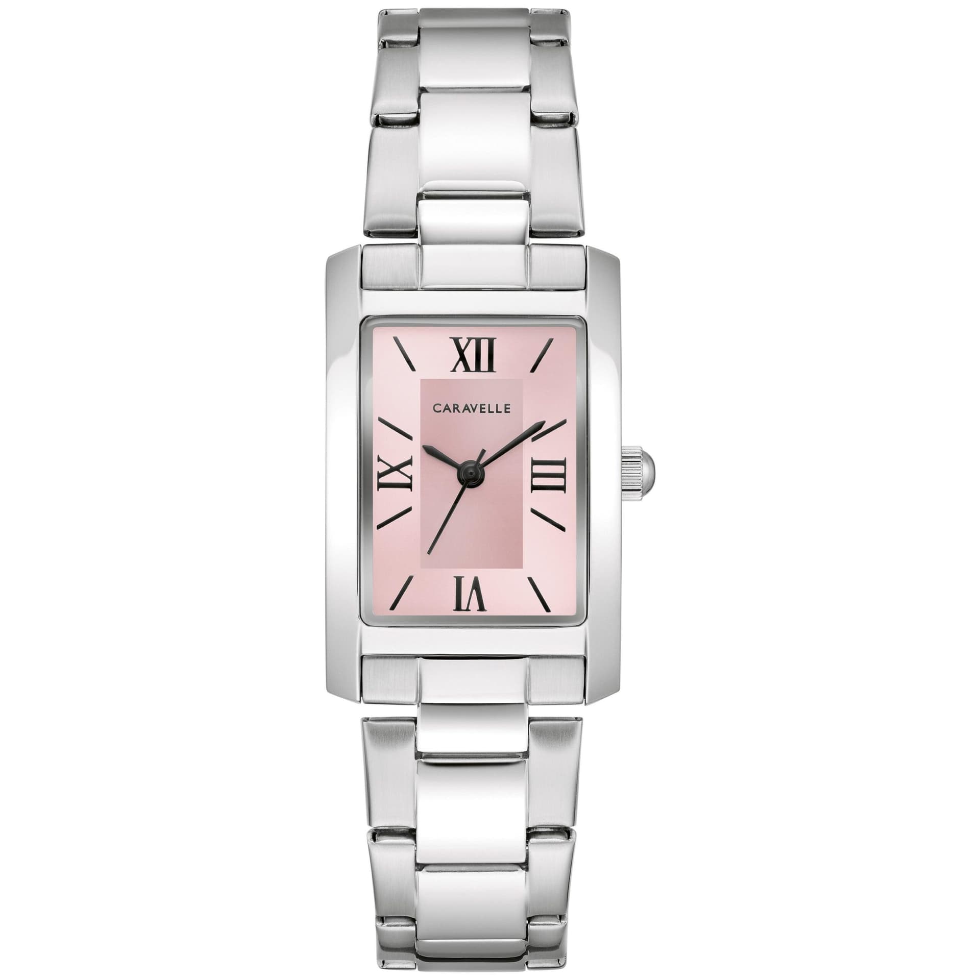 Ladies Dress Silver-Tone Stainless Steel Rectangle Watch Pink Dial