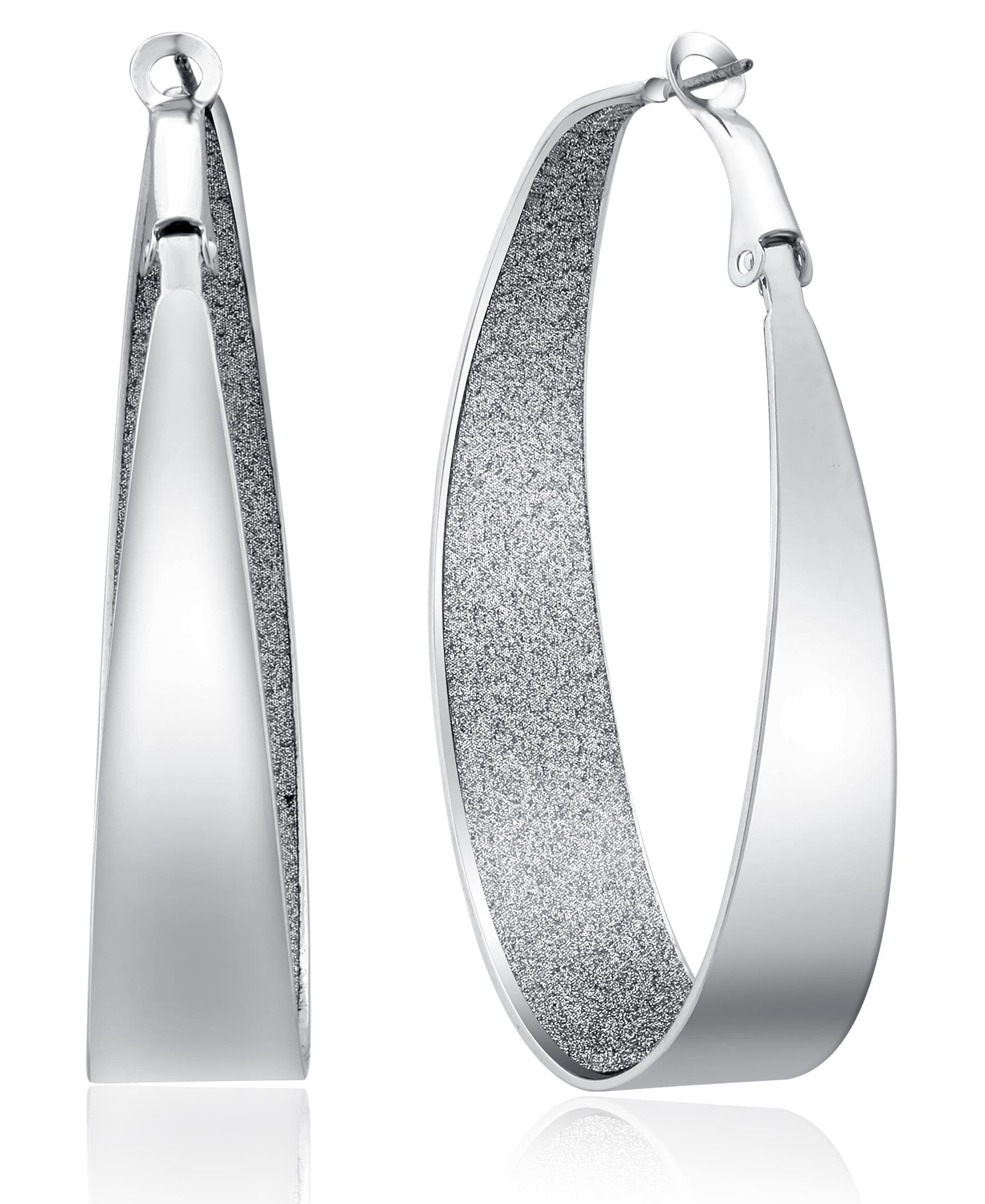 Glitter Oval Hoop Earring- Silver Tone