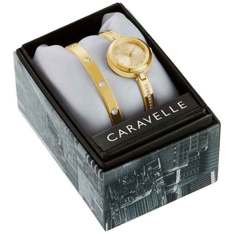 Caravelle Ladies Bracelet Watch Bangle Box Set Gold Tone