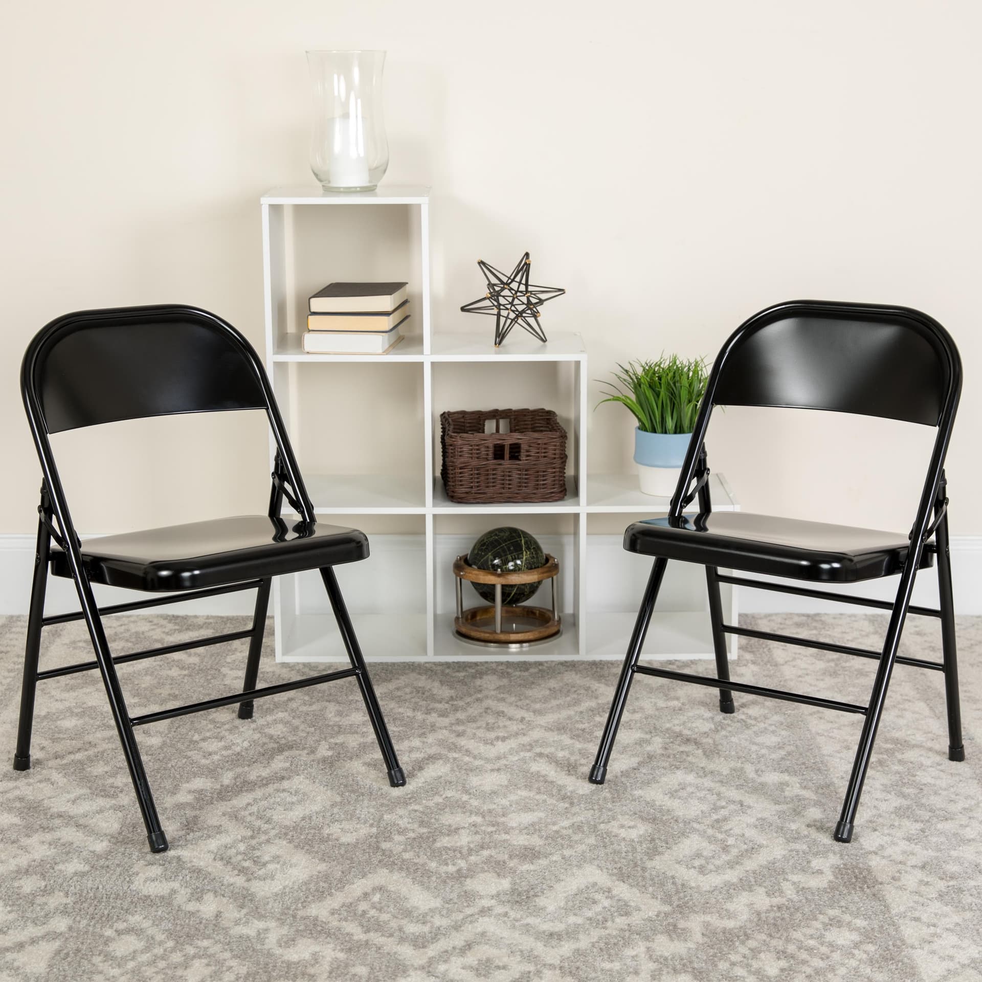 2Pack Triple Braced & Double Hinged Black Metal Folding Chair
