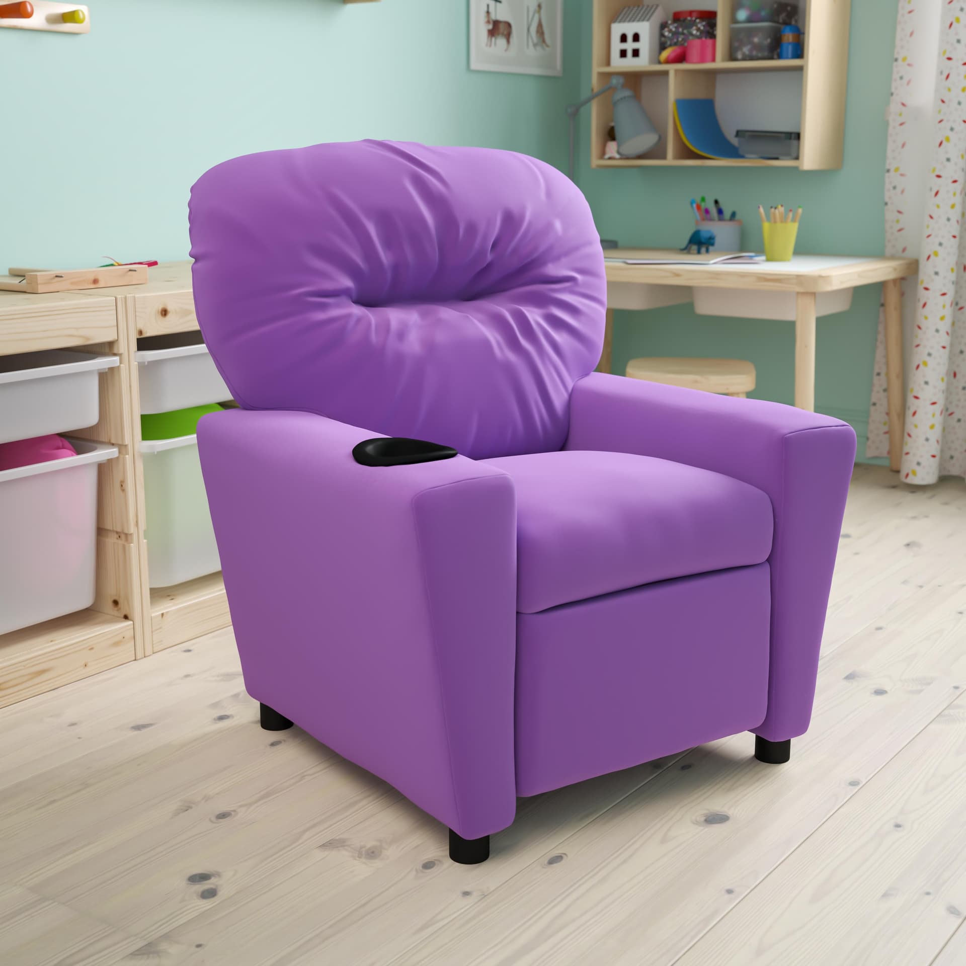 Contemporary Lavender Vinyl Kids Recliner with Cup Holder - Hardwood Frame