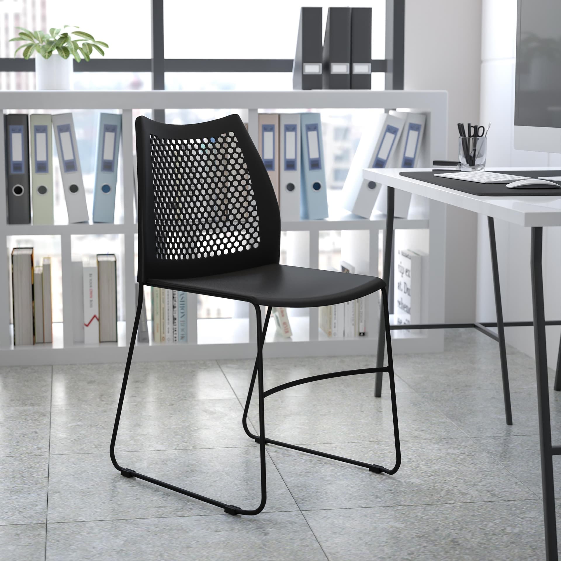 Home and Office Navy Sled Base Stack Chair with Air-Vent Back