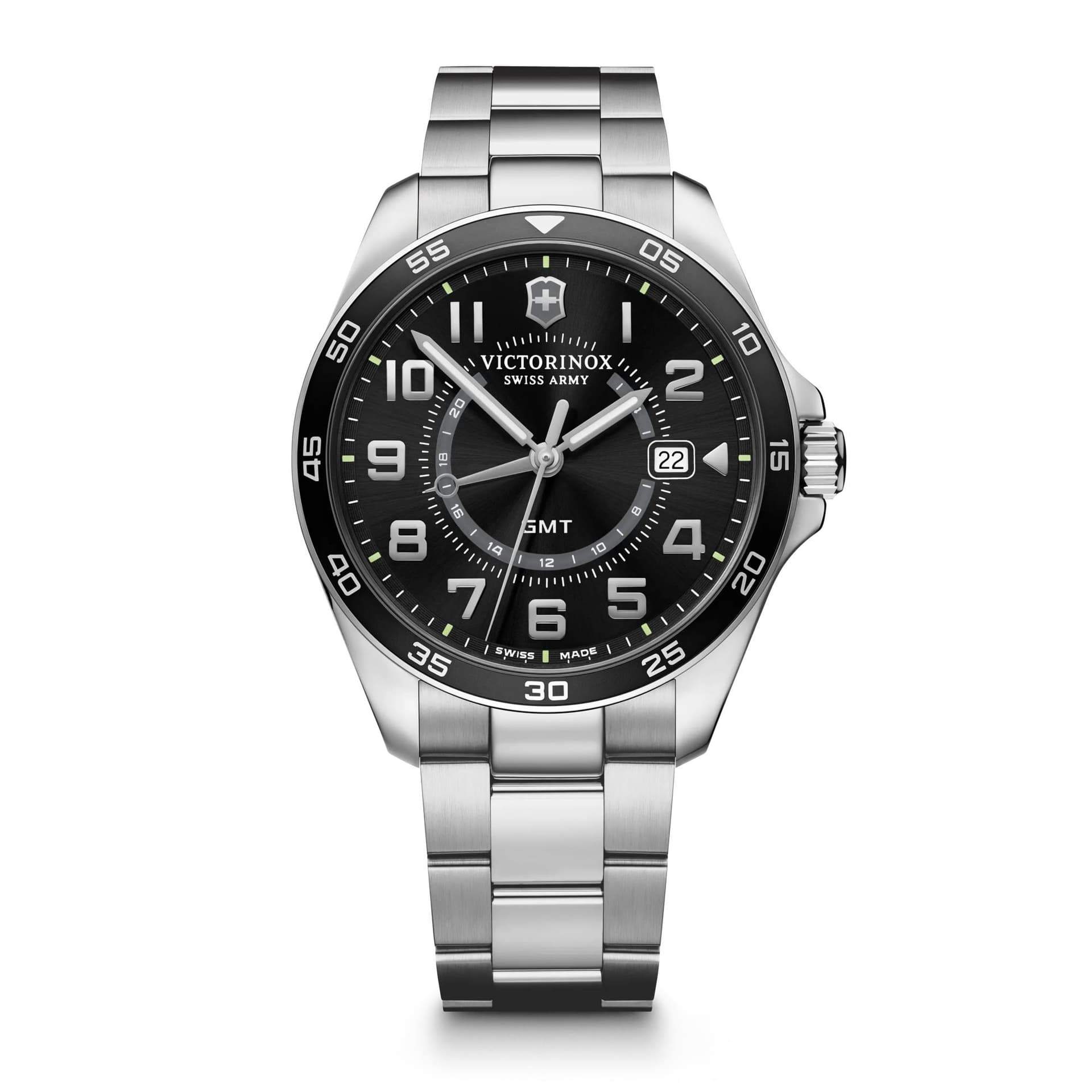 FieldForce Classic GMT 42, black dial, case silver stainless steel, grey stainless steel bracelet