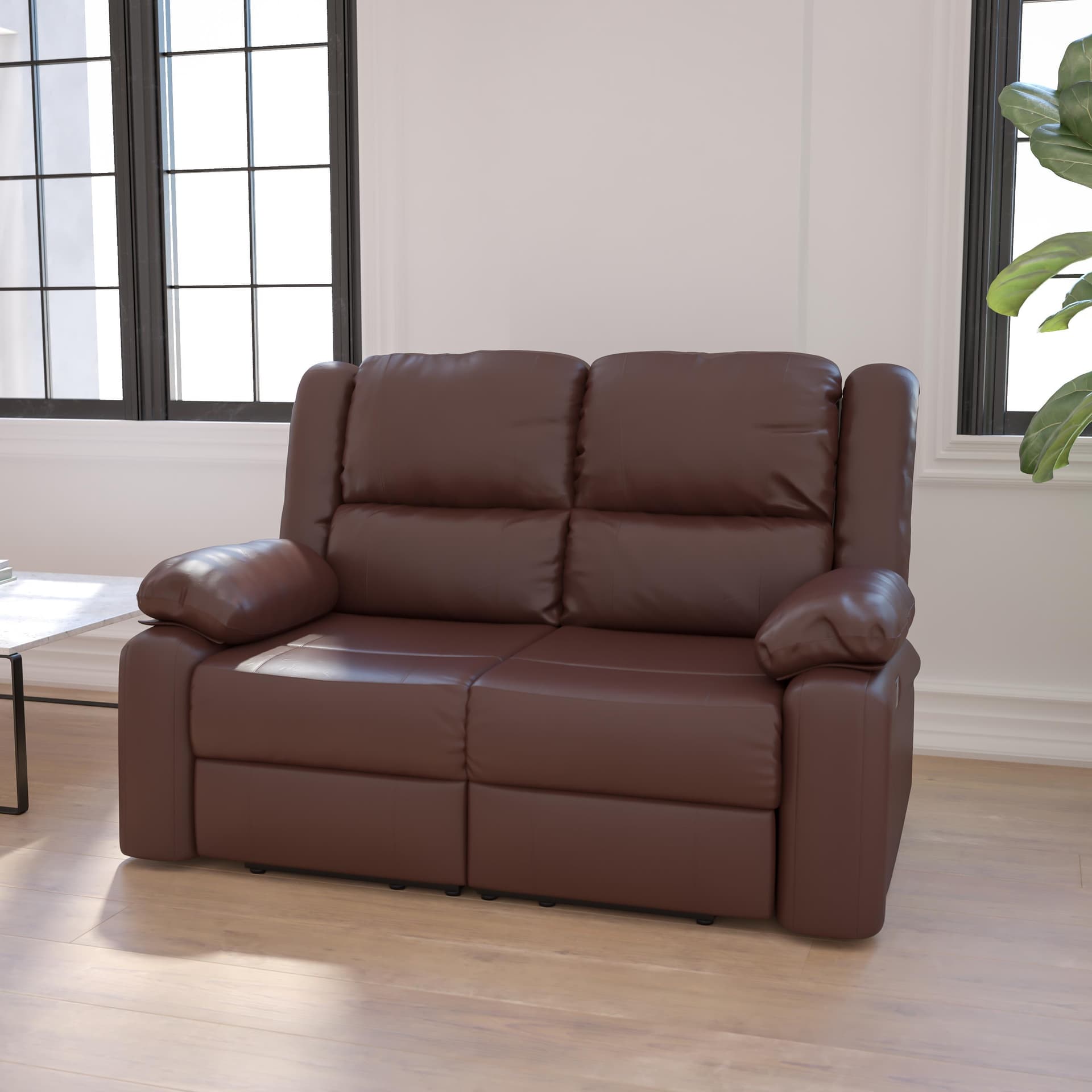 Brown LeatherSoft Pillow Back Loveseat with Two Built-In Recliners - Padded Arms