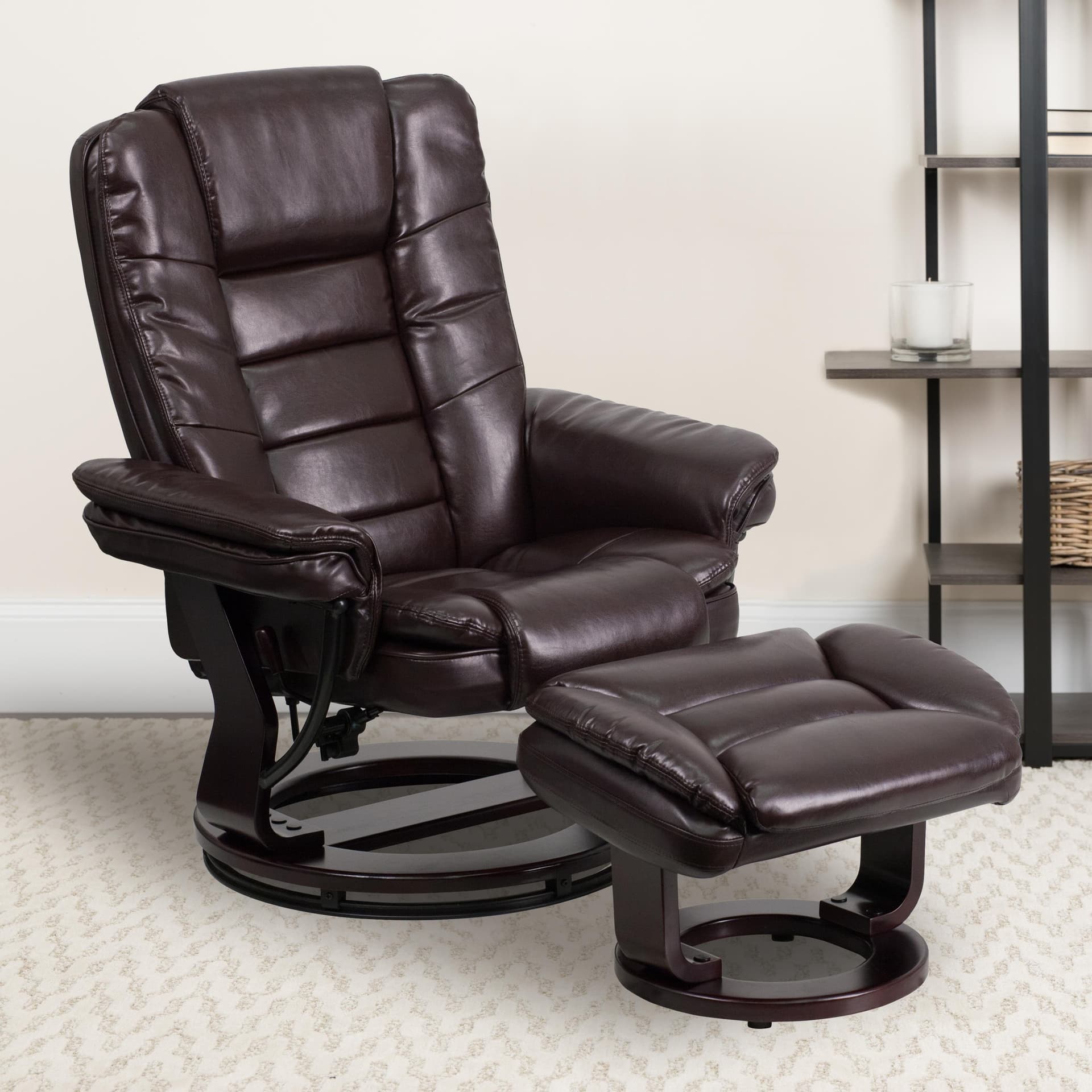Brown LeatherSoft Multi-Position Recliner &Ottoman w/Swivel Mahogany Wood Base
