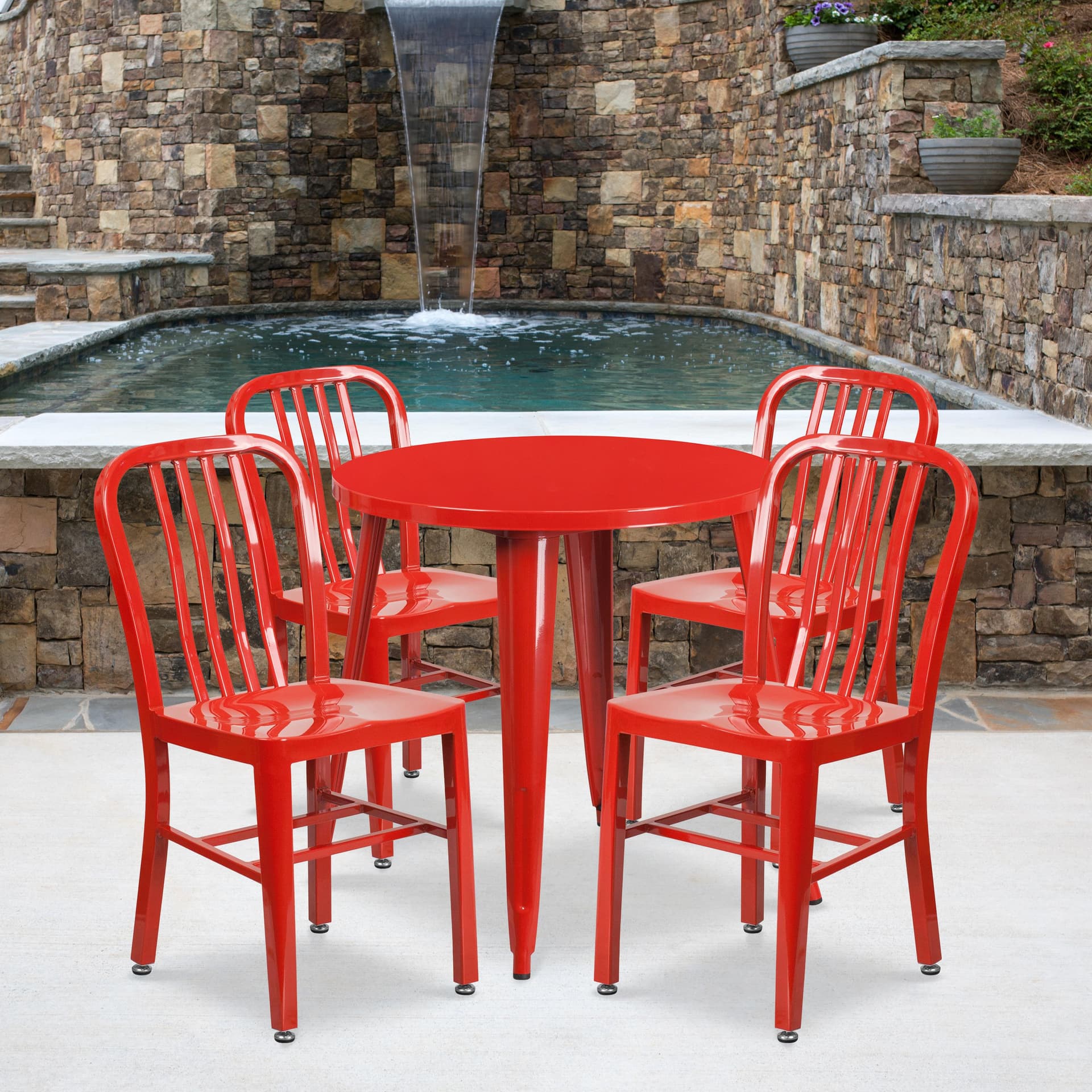 30" Round Red Metal Indoor-Outdoor Table Set with 4 Vertical Slat Back Chairs