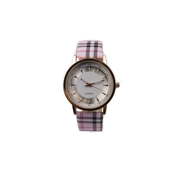 Ladies' Rose Gold Toned Quartz Watch with Tan Plaid Strap