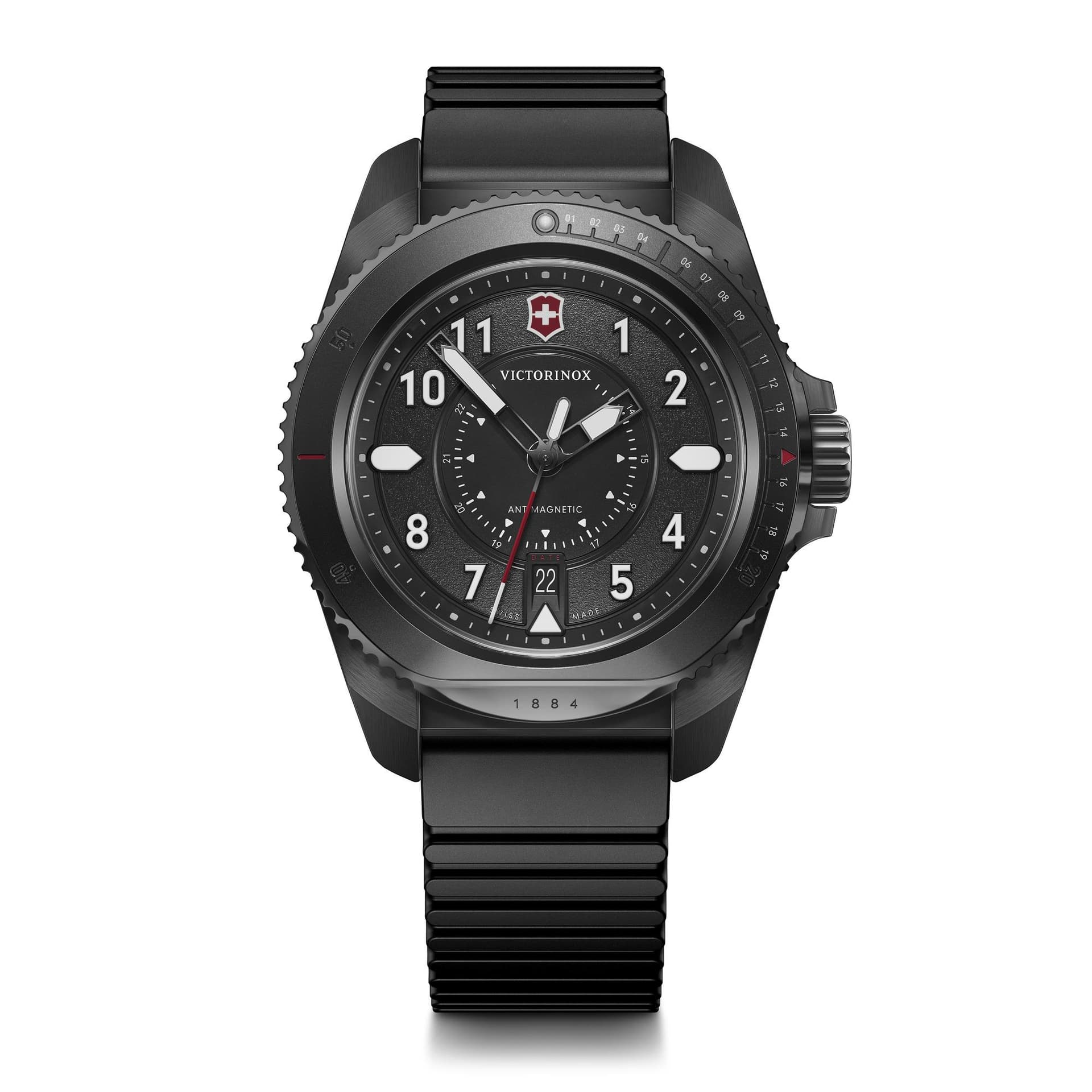 Journey 1884 43mm, black stainless steel case, black aluminium bezel, black dial, black rubber strap