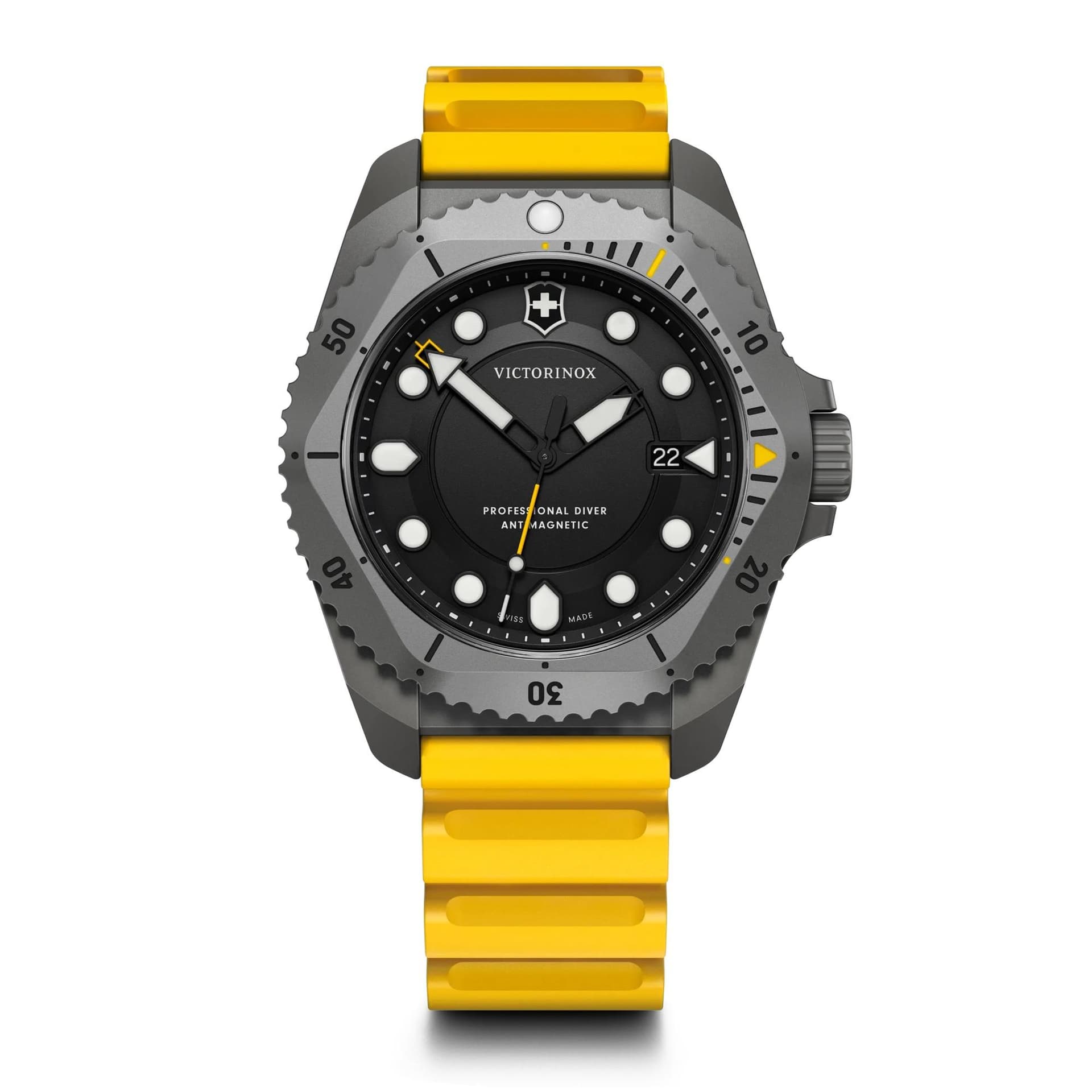 Dive Pro 43mm, grey titanium case, grey titanium bezel, black dial, yellow rubber strap