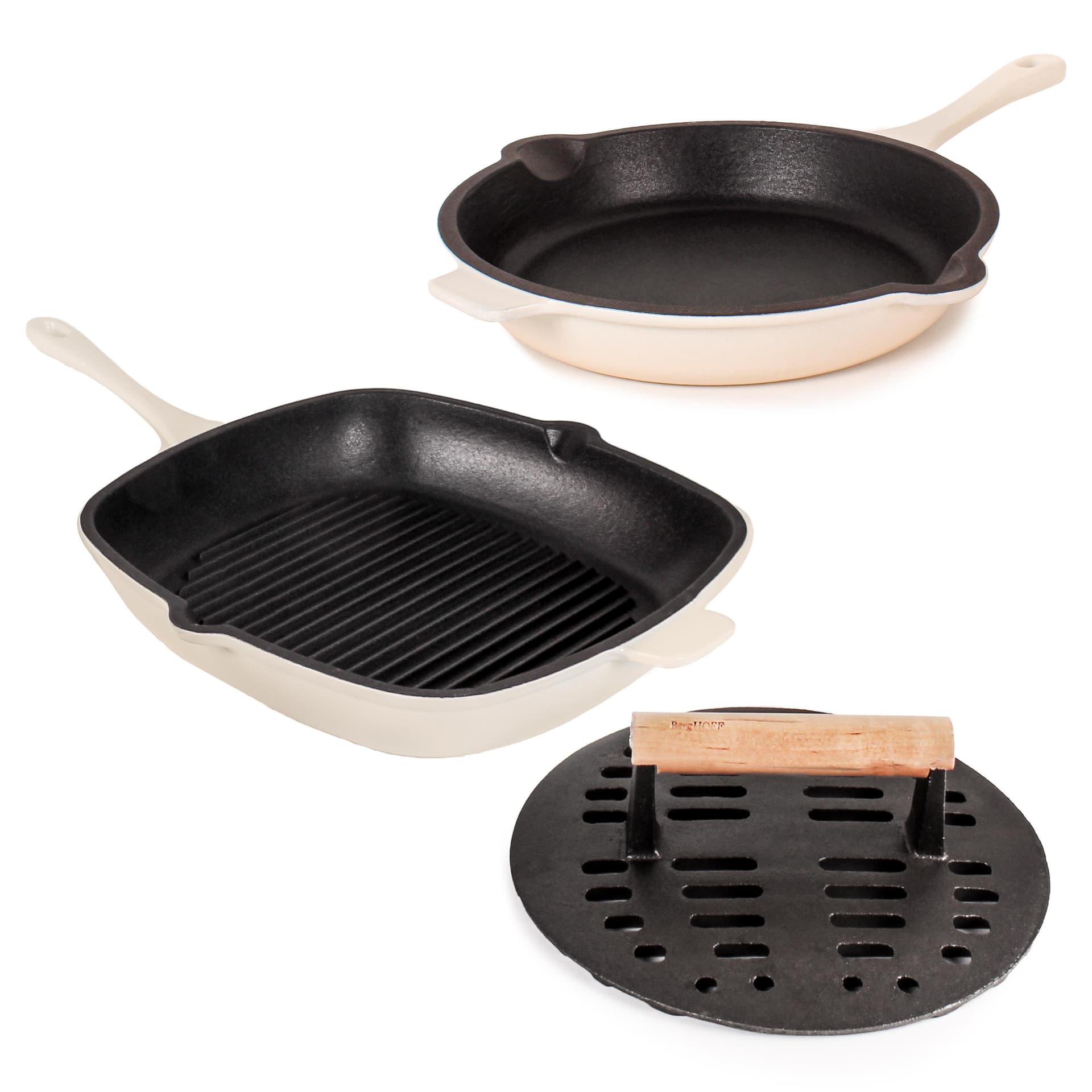 Neo 3pc Enamel on Cast Iron Cookware Set: 10" Fry Pan, Grill Pan and Slotted Steak Press, Meringue