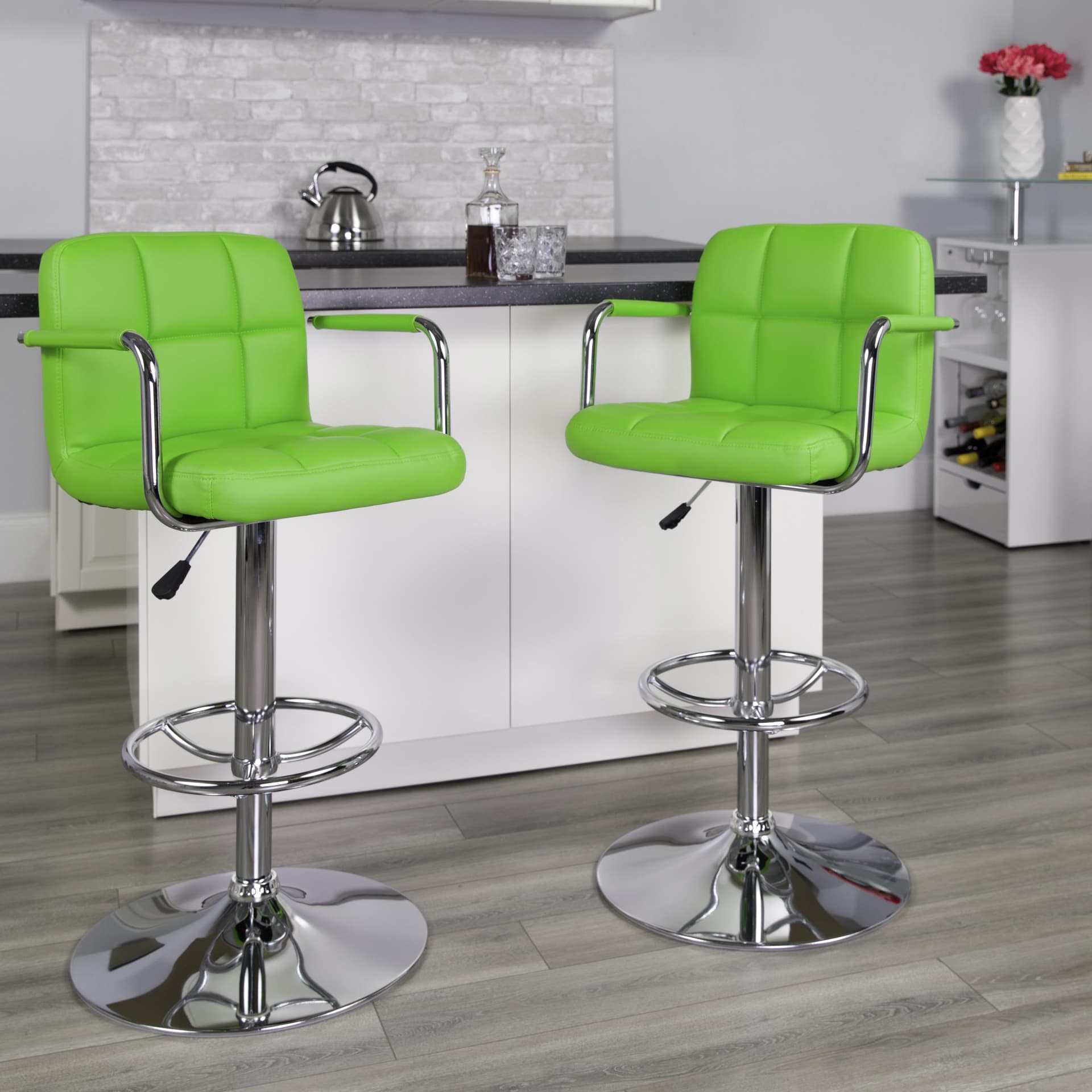 Orange Quilted Vinyl Adjustable Height Barstool with Arms and Chrome Base