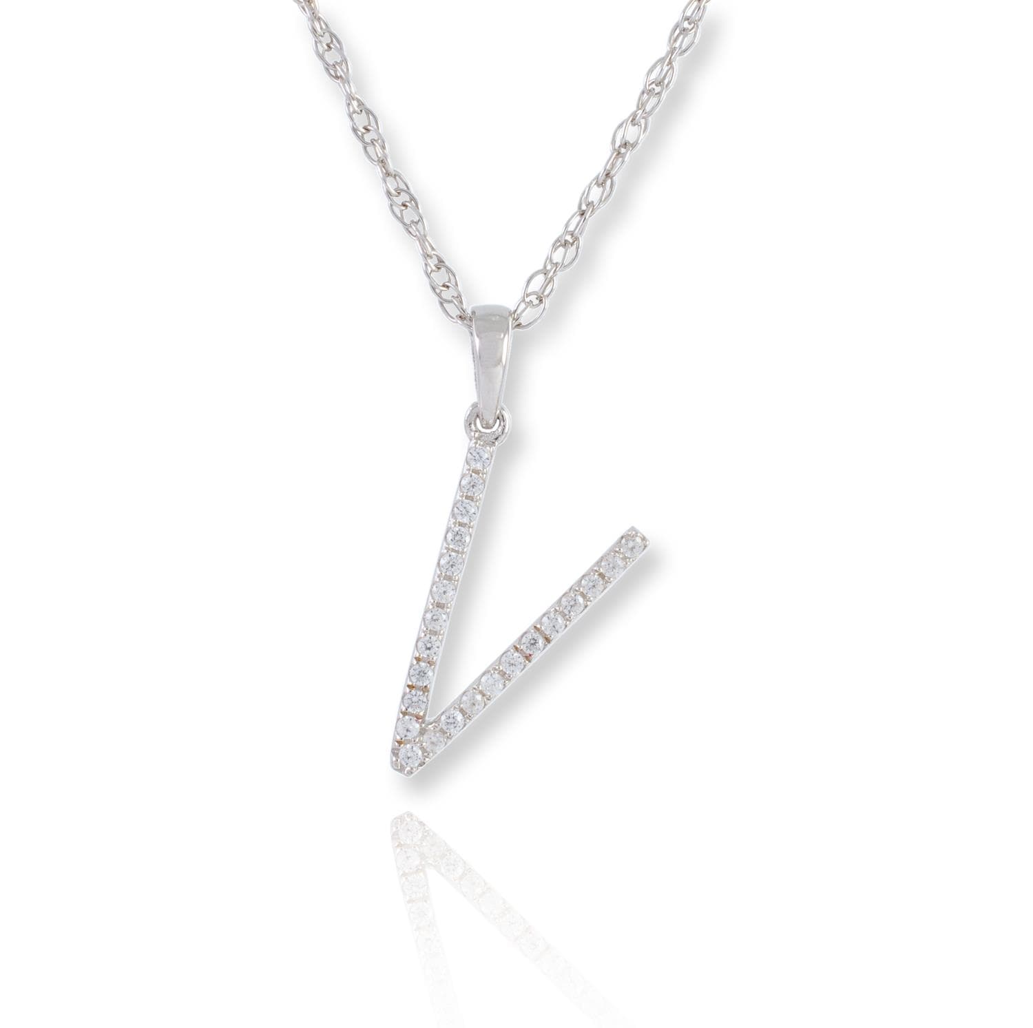 PARIKHS Diamond Initial Pendant Alphabet 'V' in 10K White Gold 0.10 ct , IJK color - I3 clarity