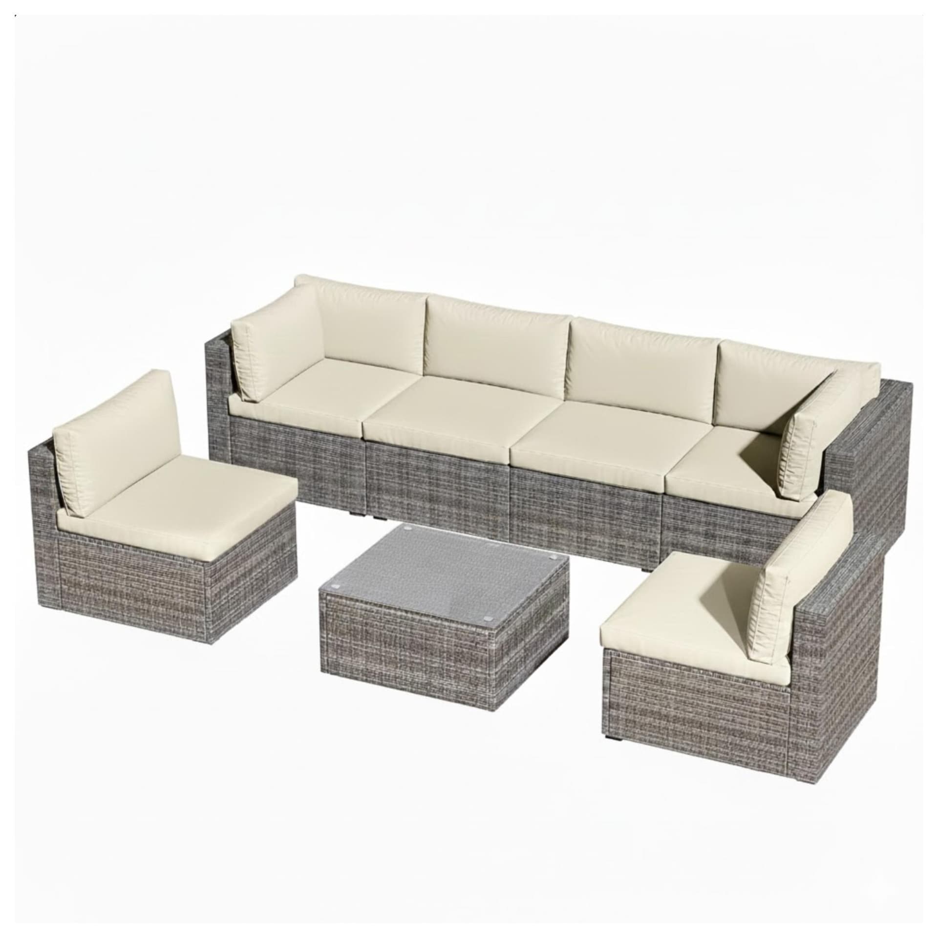 7-Piece Wicker Patio Set - Brown (Couch w/Beige Cushions & Glass Coffee Table)