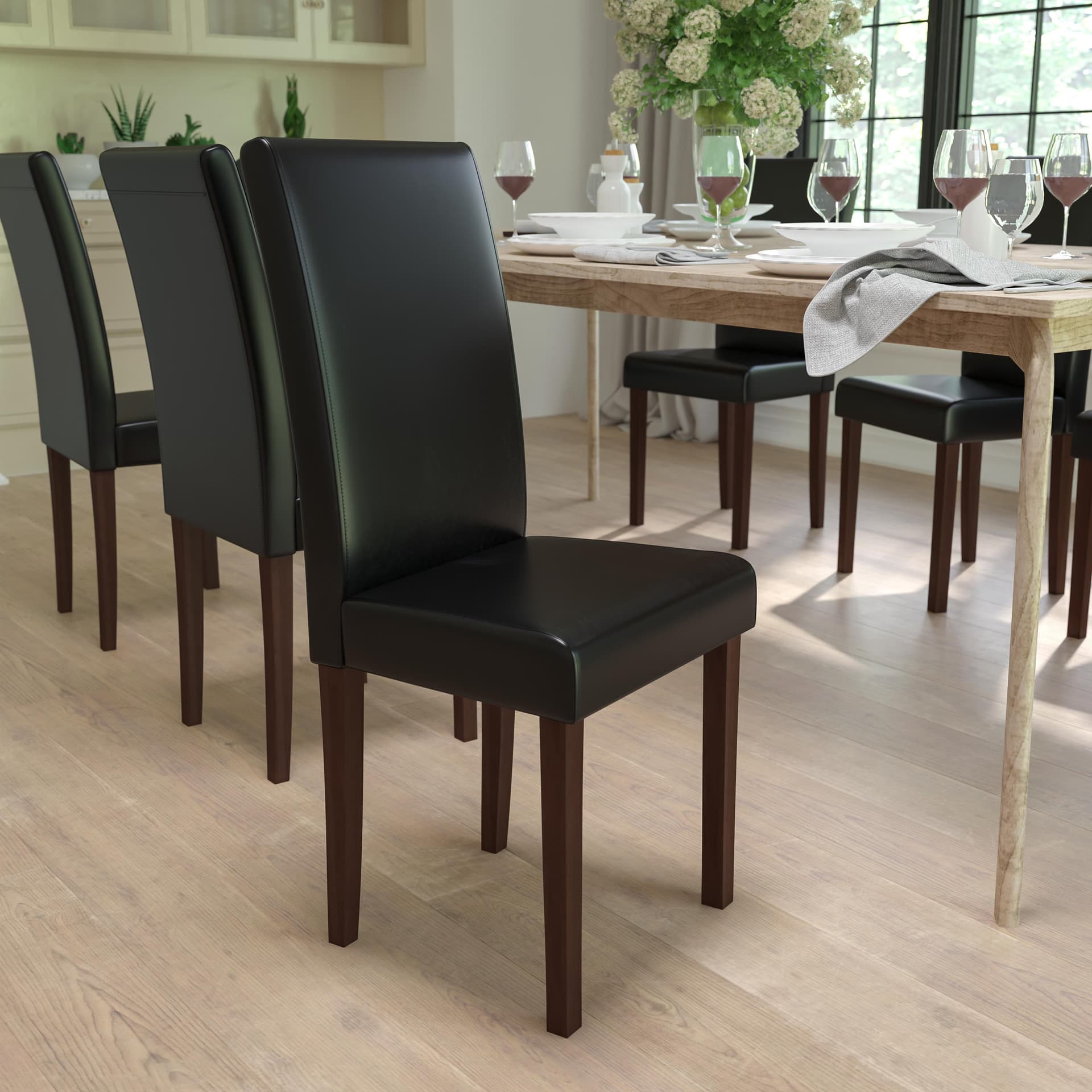 Black LeatherSoft Upholstered Parsons Chair w/Panel Stitching &Mahogany Legs