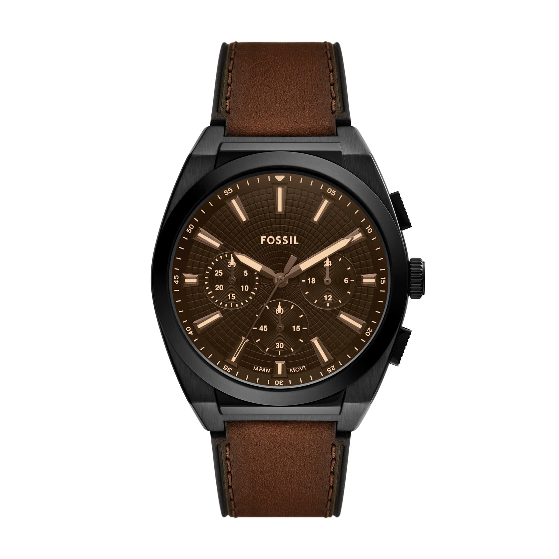 Mens Everett Chronograph Brown Leather Strap Watch Brown Dial