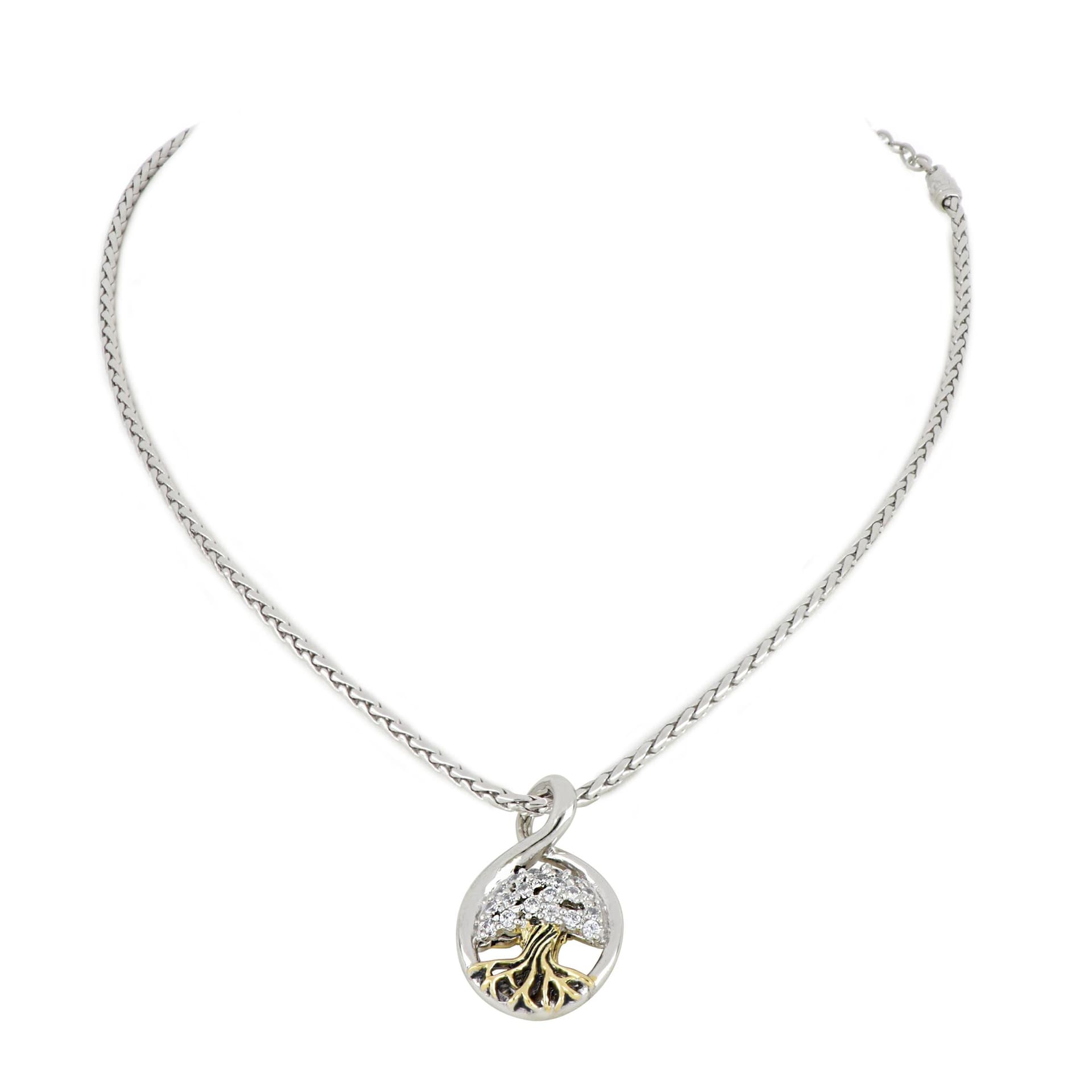 Tree Of Life Pendant with Chain, Clear Pave CZ. Pendant: 3/4" W x 1" L. Chain Length: 16"-18" adju