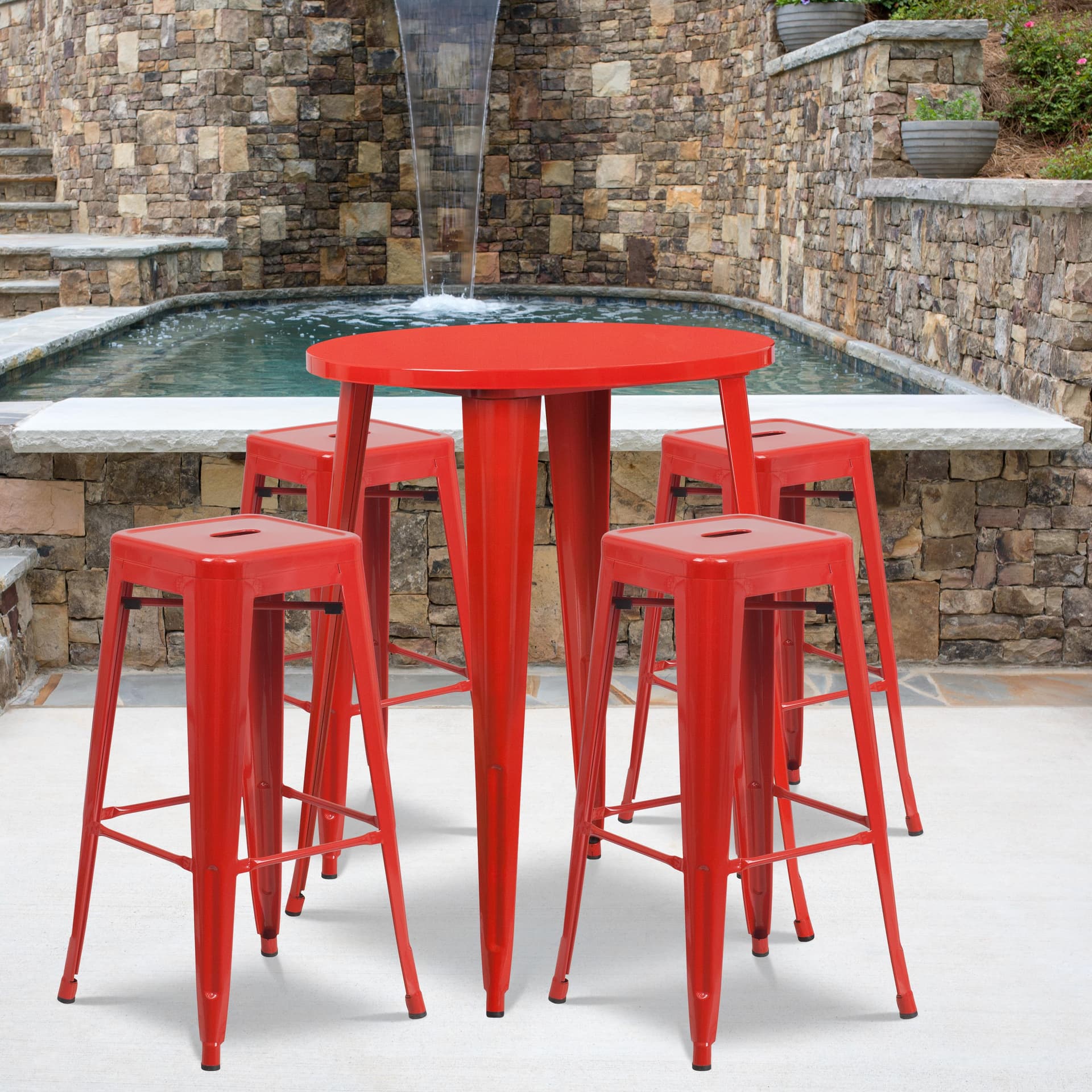 30" Round Red Metal Indoor-Outdoor Bar Table Set with 4 Backless Stools