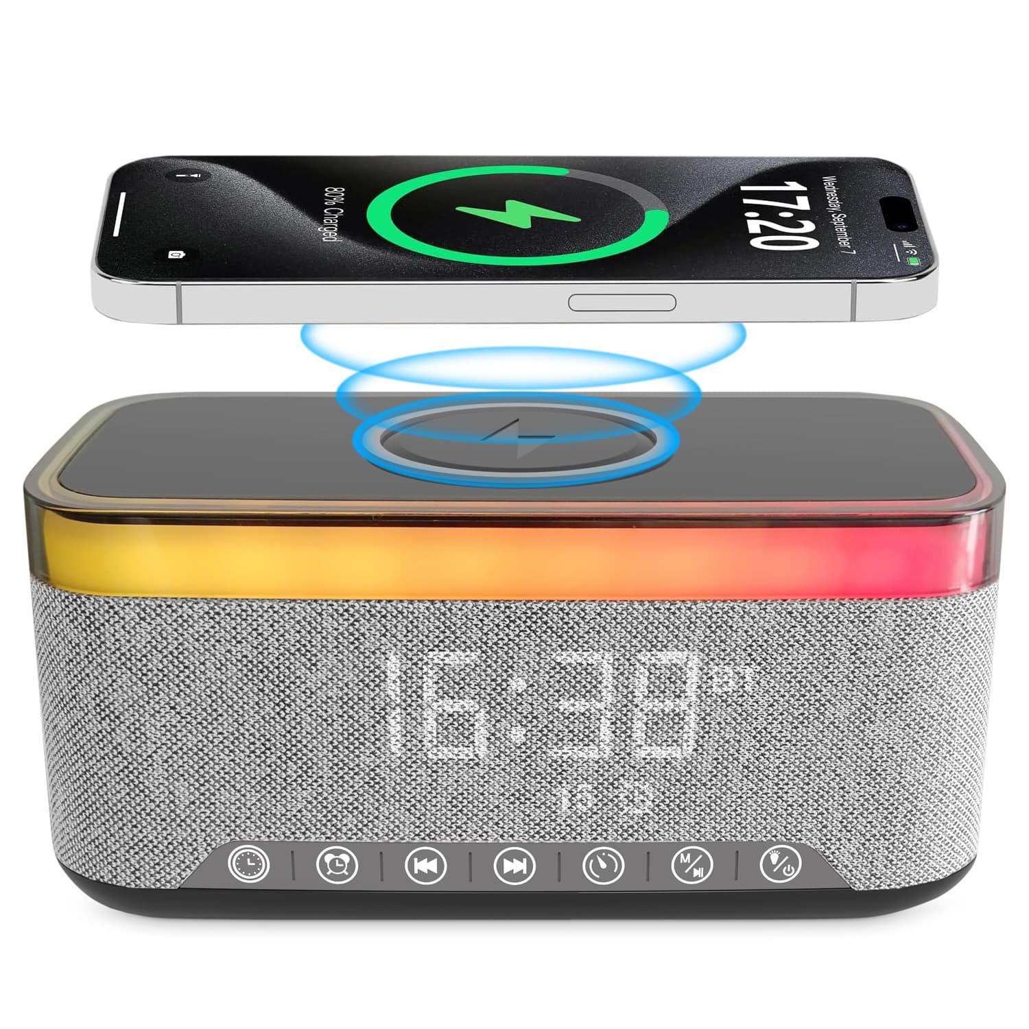 Bluetooth Speaker Alarm Clock w/ 15W Fast Wireless Charging, 13 Night Light modes, Rechargeable Battery, 10W Stereo Speaker, 12/24H Digital Clock, Sleep Timer, White Noise Mode, US