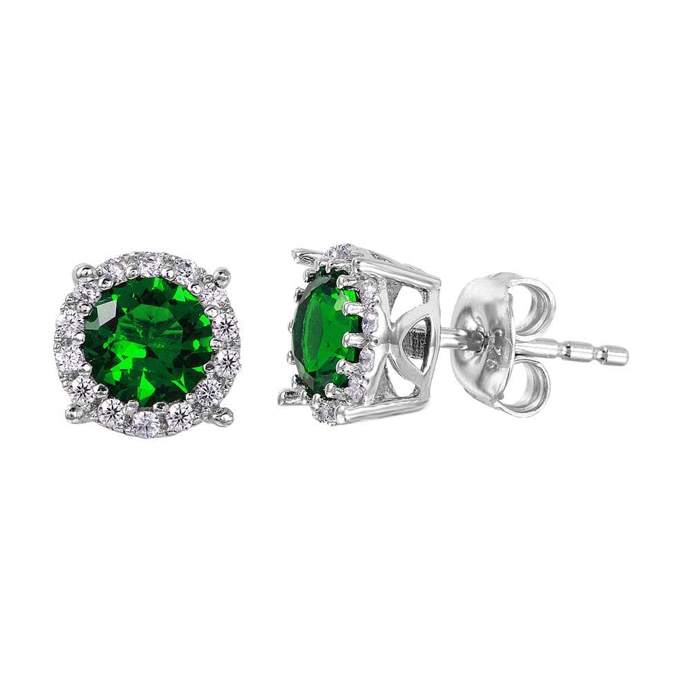 PARIKHS Rhodium Plated Halo Studs with Green CZ Stone in 925 Sterling Silver