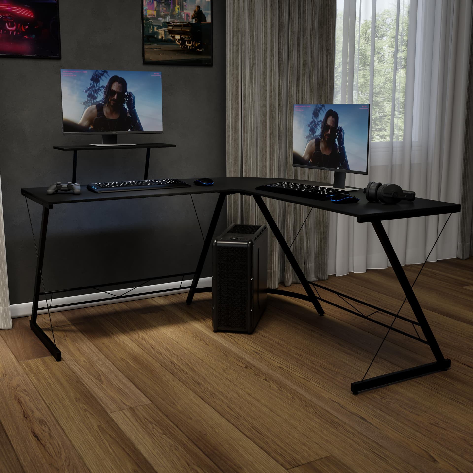 L-Shaped Computer Black Desk, Gaming Desk, Home Office Desk, Black Frame