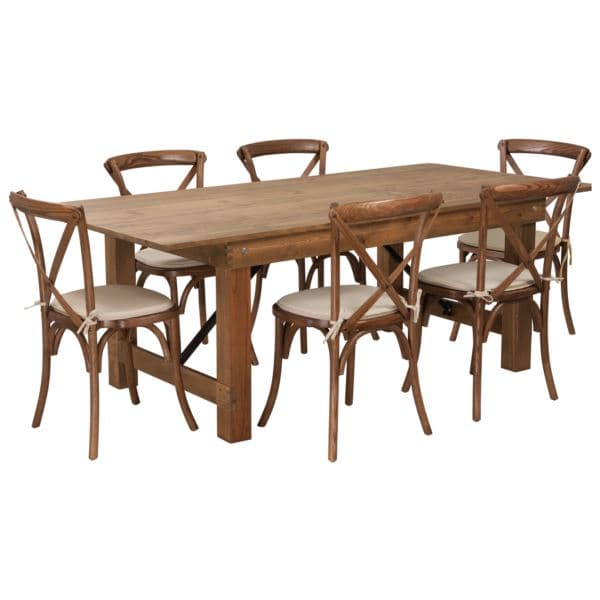 7' x 40" Rustic Folding Farm Table Set with 6 Cross Back Chairs and Cushions