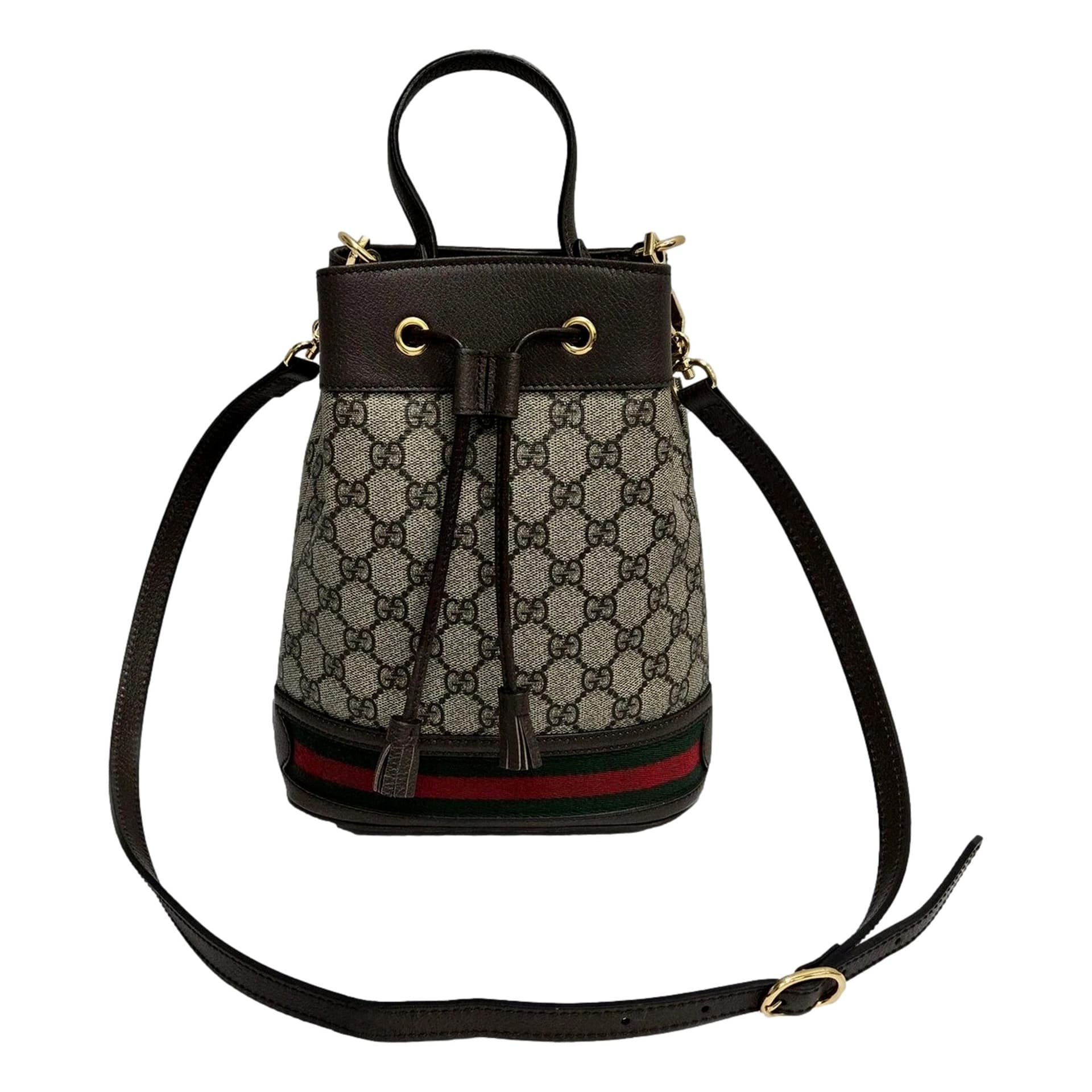 Gucci Ophidia Canvas Leather Webstripe Drawstring Brown Bucket Bag