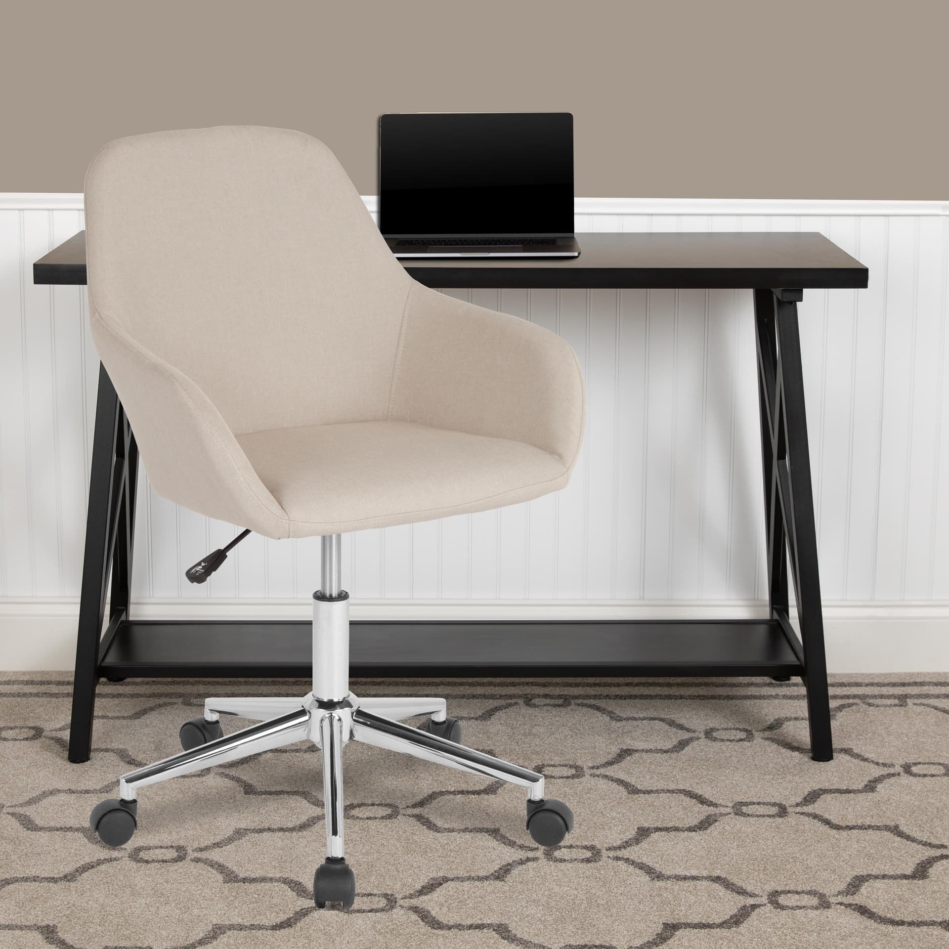 Home & Office Mid-Back Chair in Beige Fabric Upholstered Swivel Chair